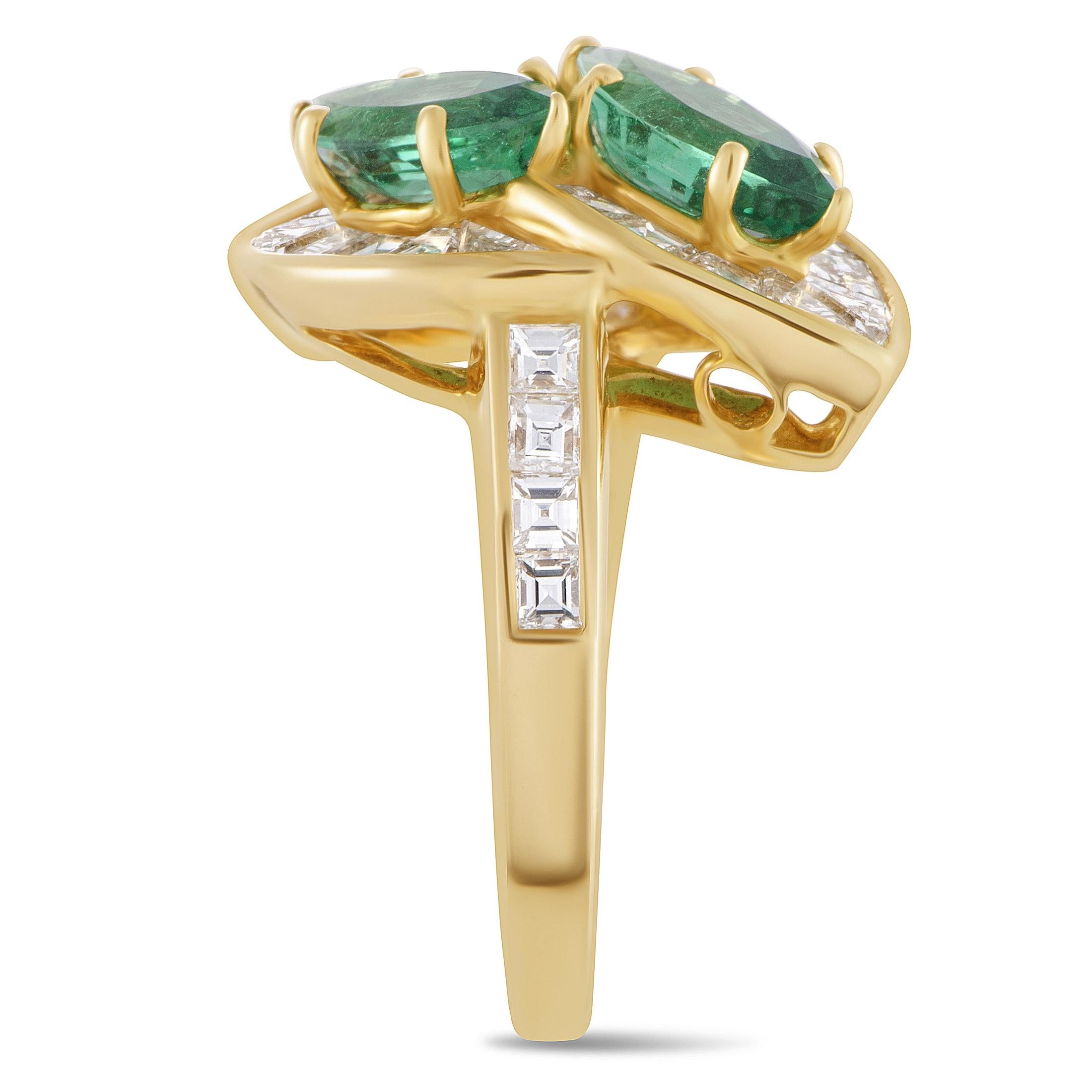 Graff Diamond Invisible Setting and Marquise Emeralds Yellow Gold Bypass Ring In Excellent Condition In Southampton, PA