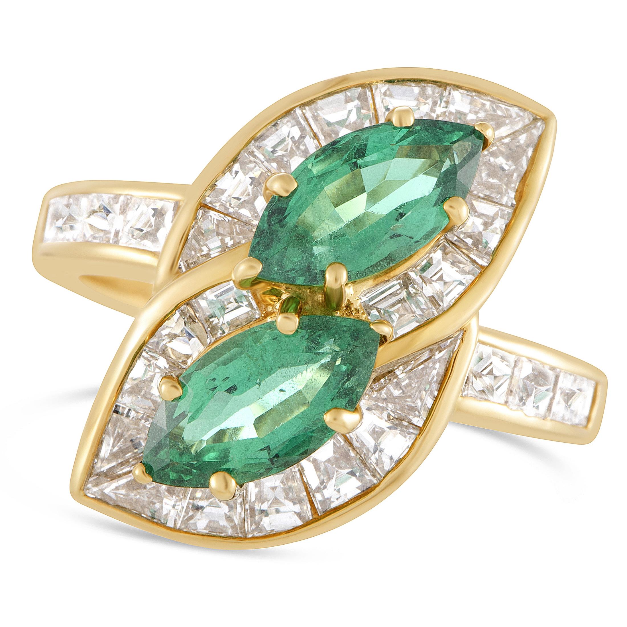 Women's Graff Diamond Invisible Setting and Marquise Emeralds Yellow Gold Bypass Ring