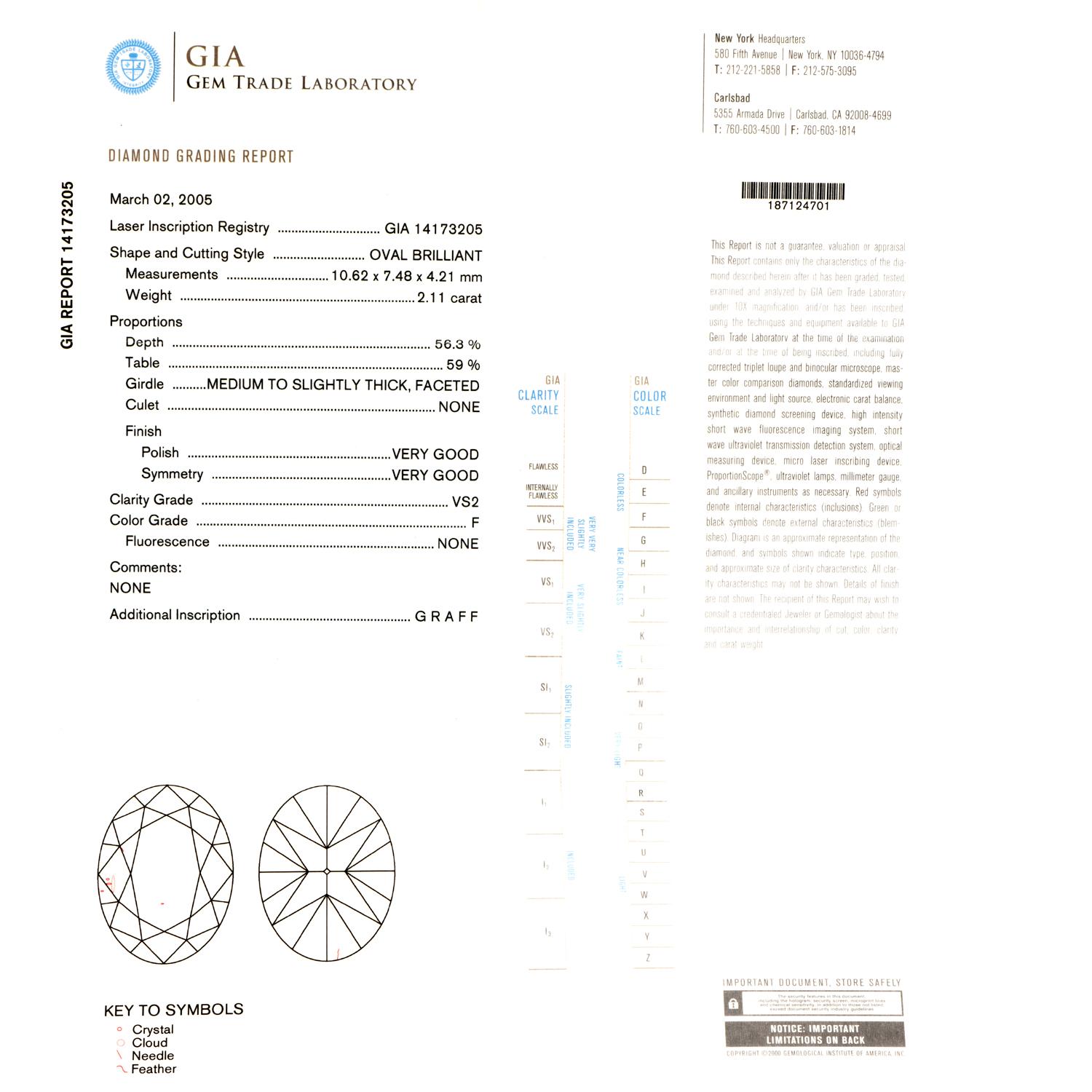 This shimmering diamond ring is crafted in solid platinum by famed jeweler Graff, weighing 10.1 grams and measuring 18.5mm x 8mm high. Showcasing one prominent GIA lab reported prong-set oval shaped diamond weighing 2.11 carats, graded F color, VS2