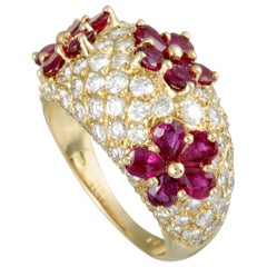 Vintage Graff Diamond Pave and Ruby Yellow Gold Flowers Bombe Ring