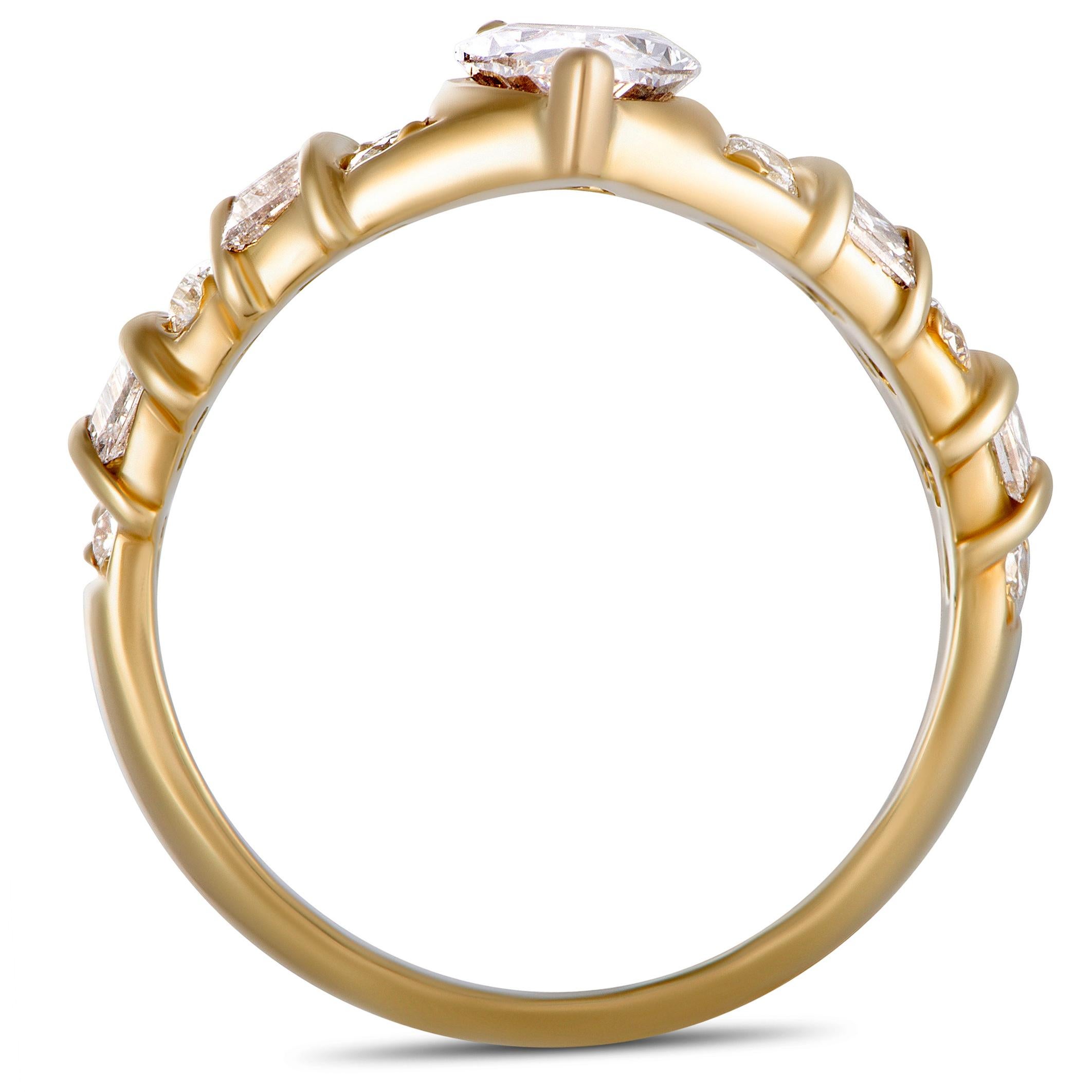 This Graff ring is made out of 18K yellow gold and diamonds and weighs 5.2 grams. The center diamond weighs approximately 0.72 carats and boasts grade G color and VS1 clarity, while the side diamonds total 1.00 carat. The ring features band