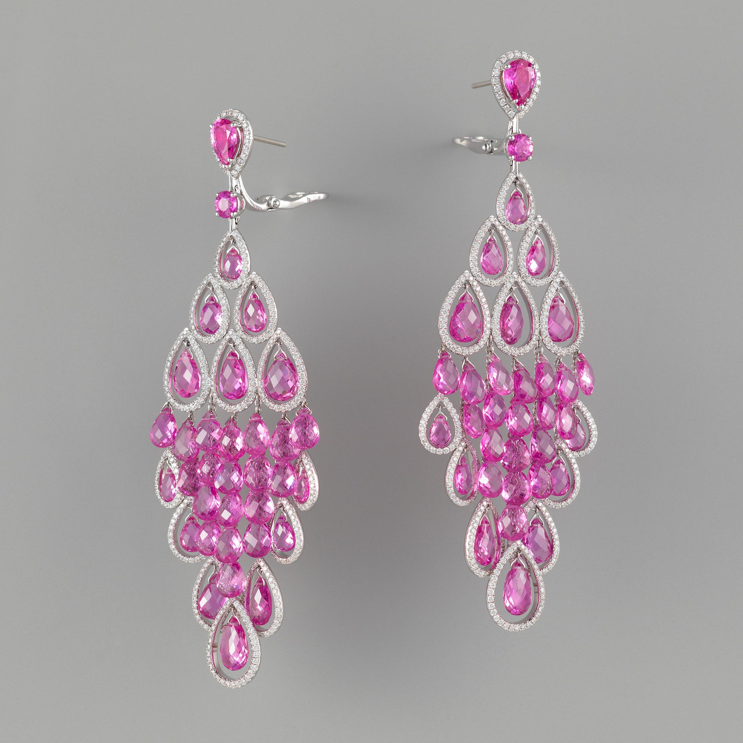Mixed Cut Graff Diamond Pink Sapphire Magnificent 60 Carats Earrings in 18k Gold 