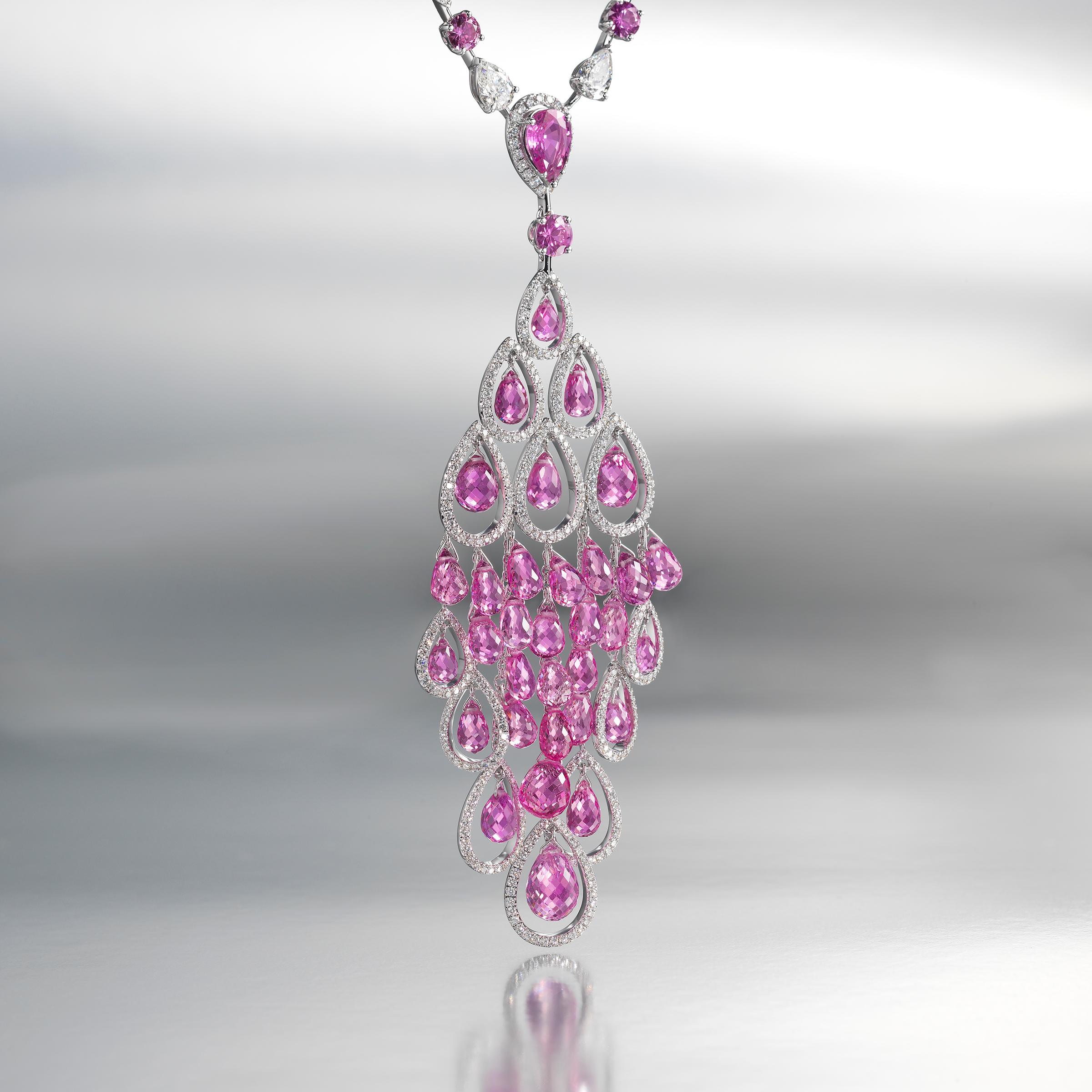 Spectacular Graff diamond and pink sapphire necklace bursting with red-carpet glamour and vibrant style. The necklace sparkles with approximately 12 carats of finest white diamonds which are complemented by over 35 carats of vividly-colored pink