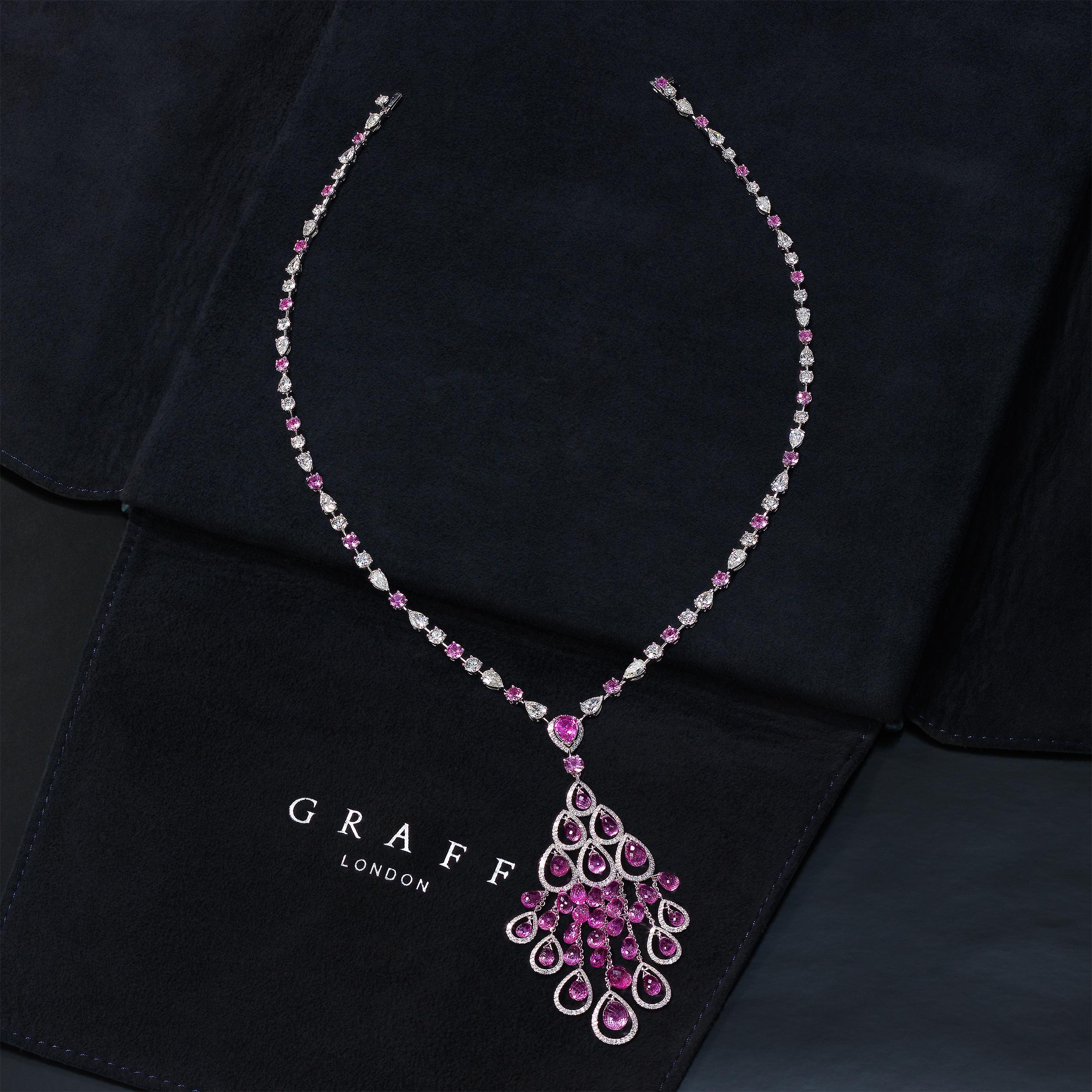 Mixed Cut Graff Diamond Pink Sapphire Necklace in 18k Gold 