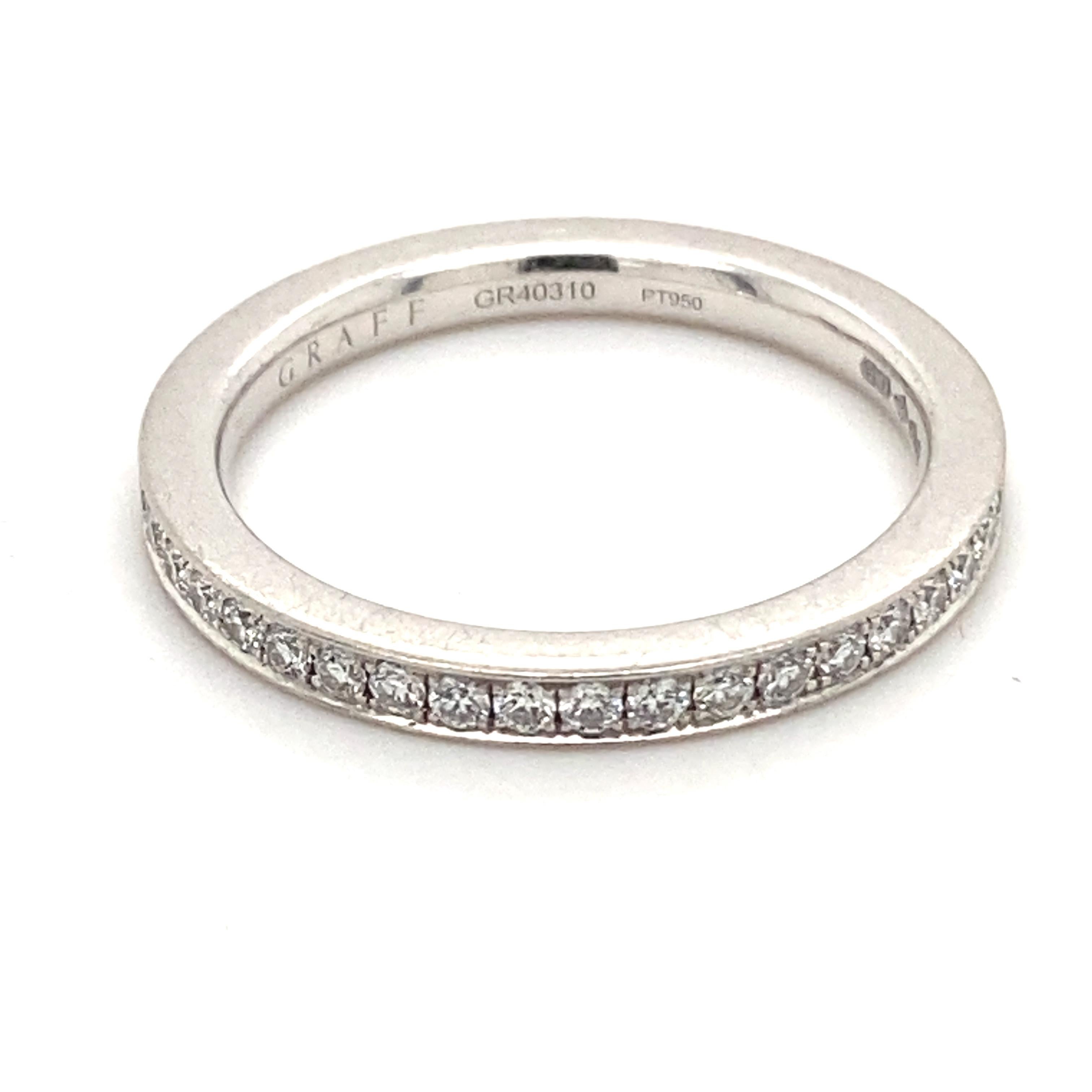 A Graff diamond platinum 'Thread Set' eternity ring, circa 2017.

This elegant grain set diamond wedding band from The 'Thread Set' collection by Graff features diamonds which are framed either side by a fine band of plain polished platinum,