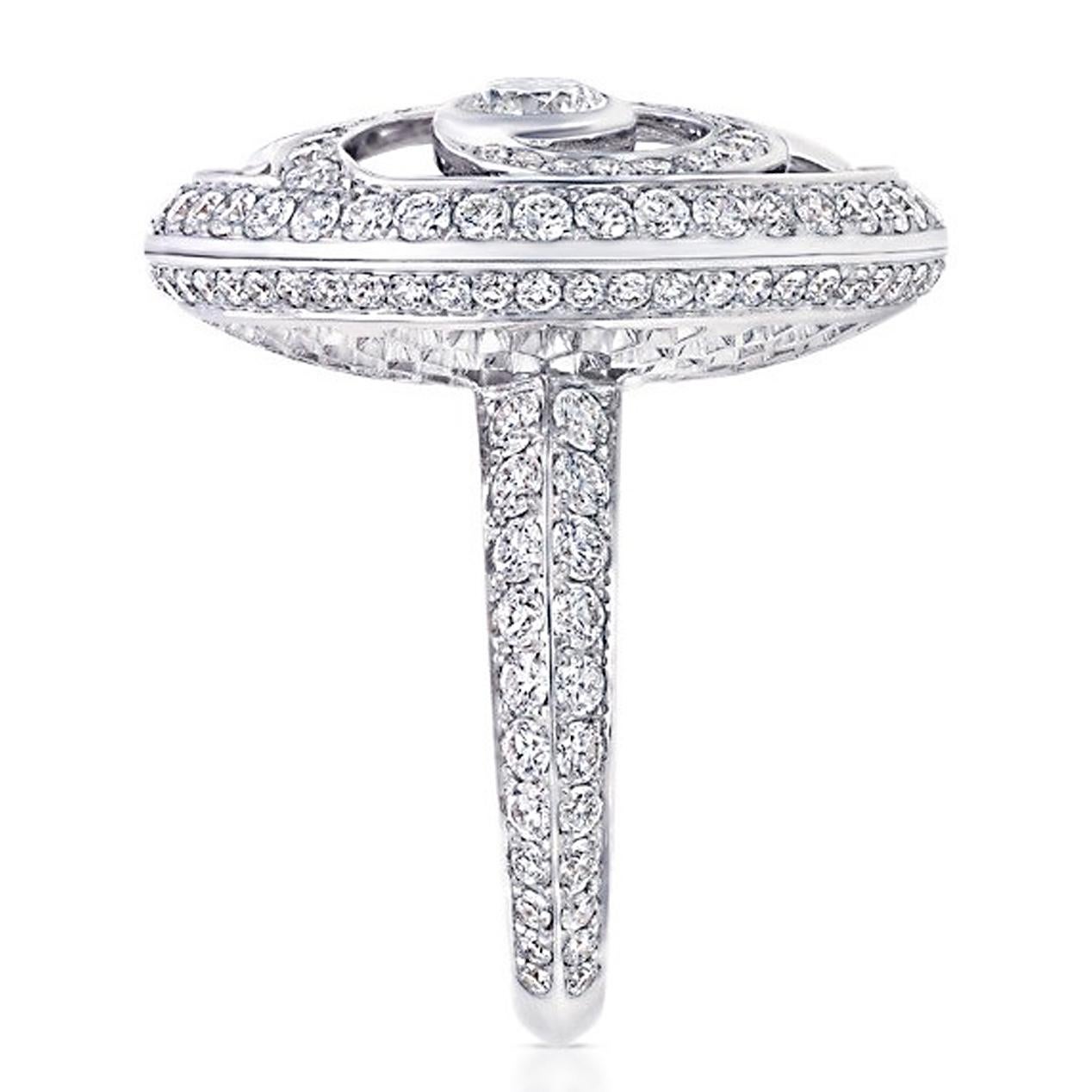 A magnificent Graff cocktail ring showcasing 4.30cts of the finest round brilliant cut diamonds set in 18k white gold. The ring measures a size 5 1/2 and can be resized if needed.