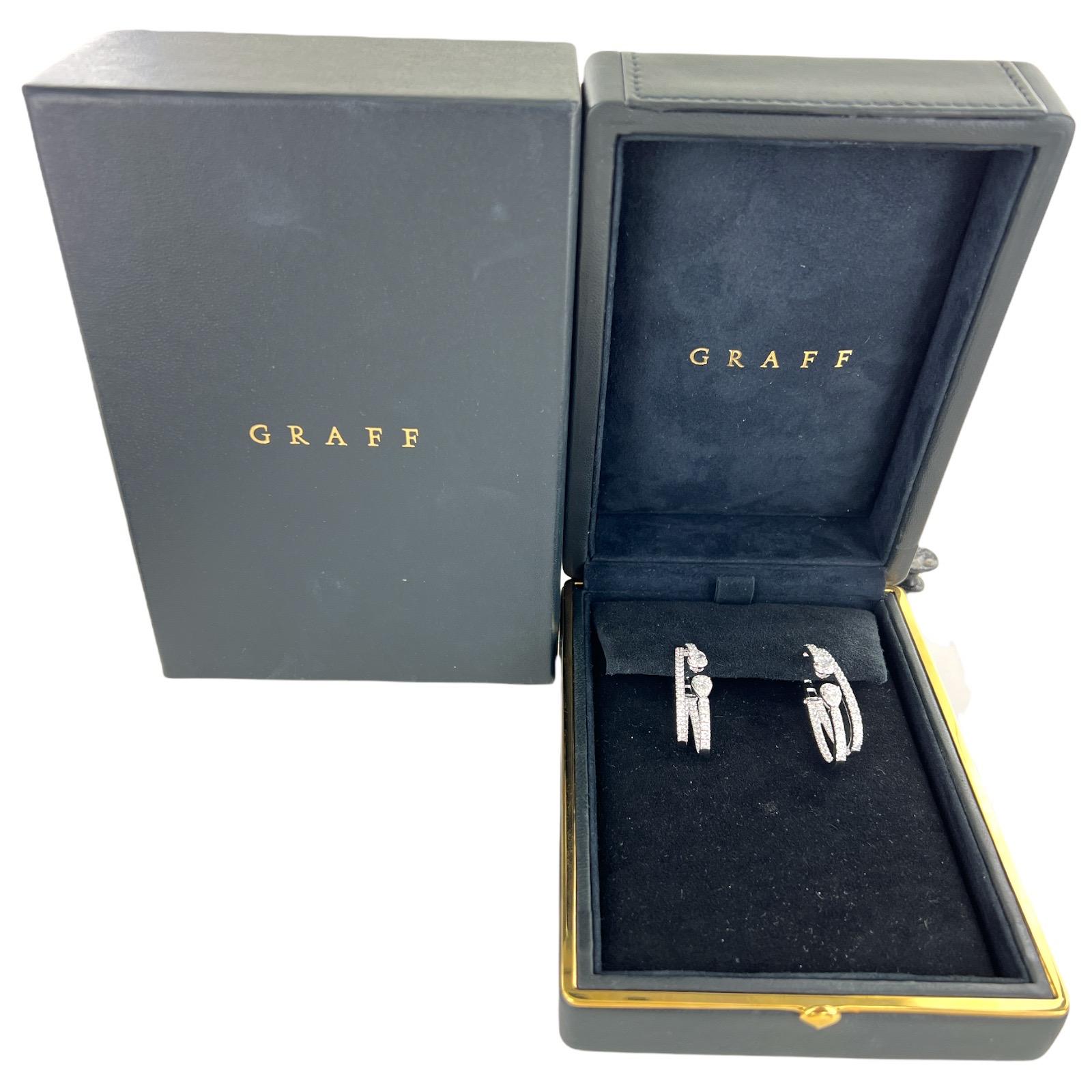 Graff Duet Diamond Double Hoop 18 Karat White Gold Lever Back Earrings Modern In Excellent Condition In Boca Raton, FL