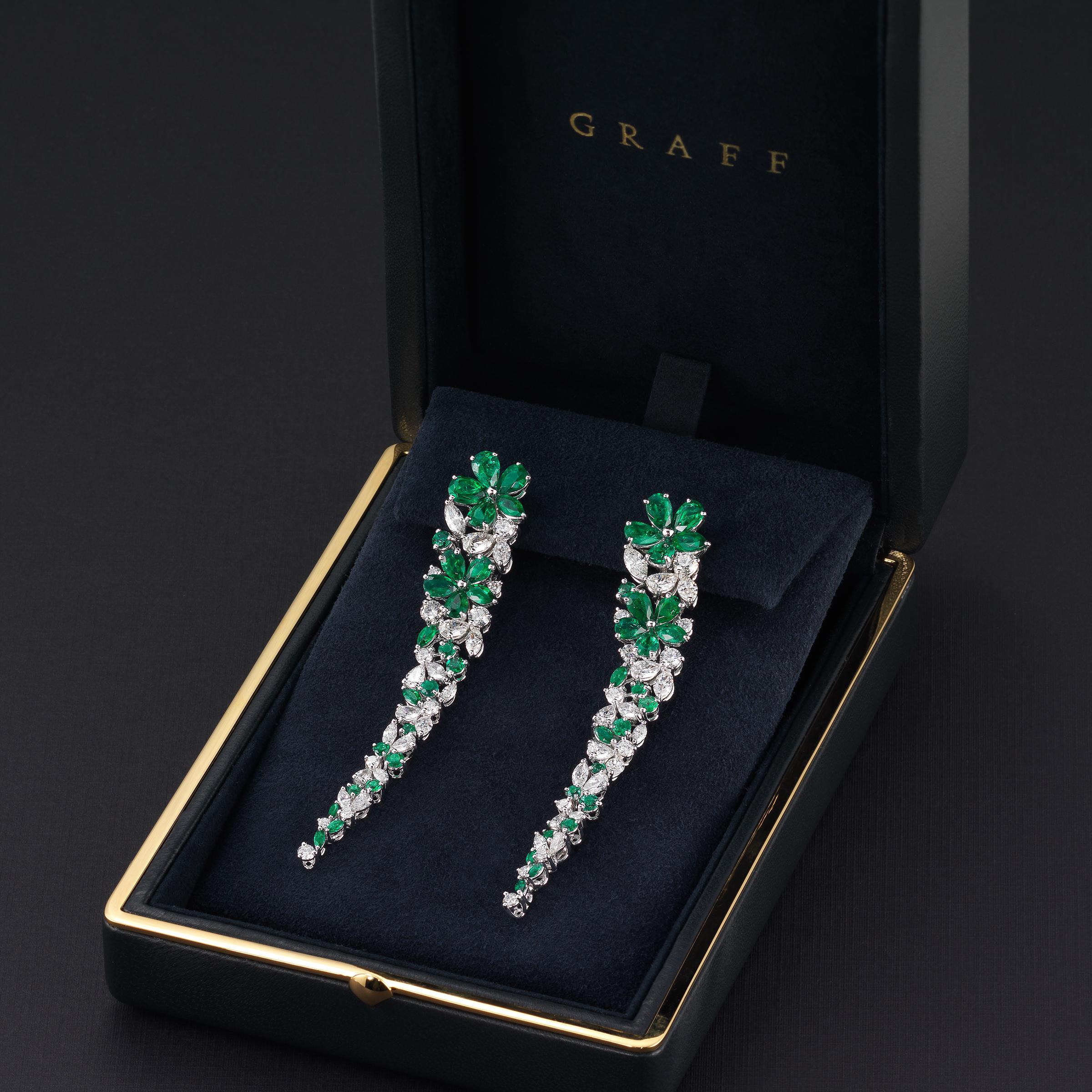 Mixed Cut Graff Emerald Diamond Carissa Flower Earrings Extra Long in 18 Karat Gold