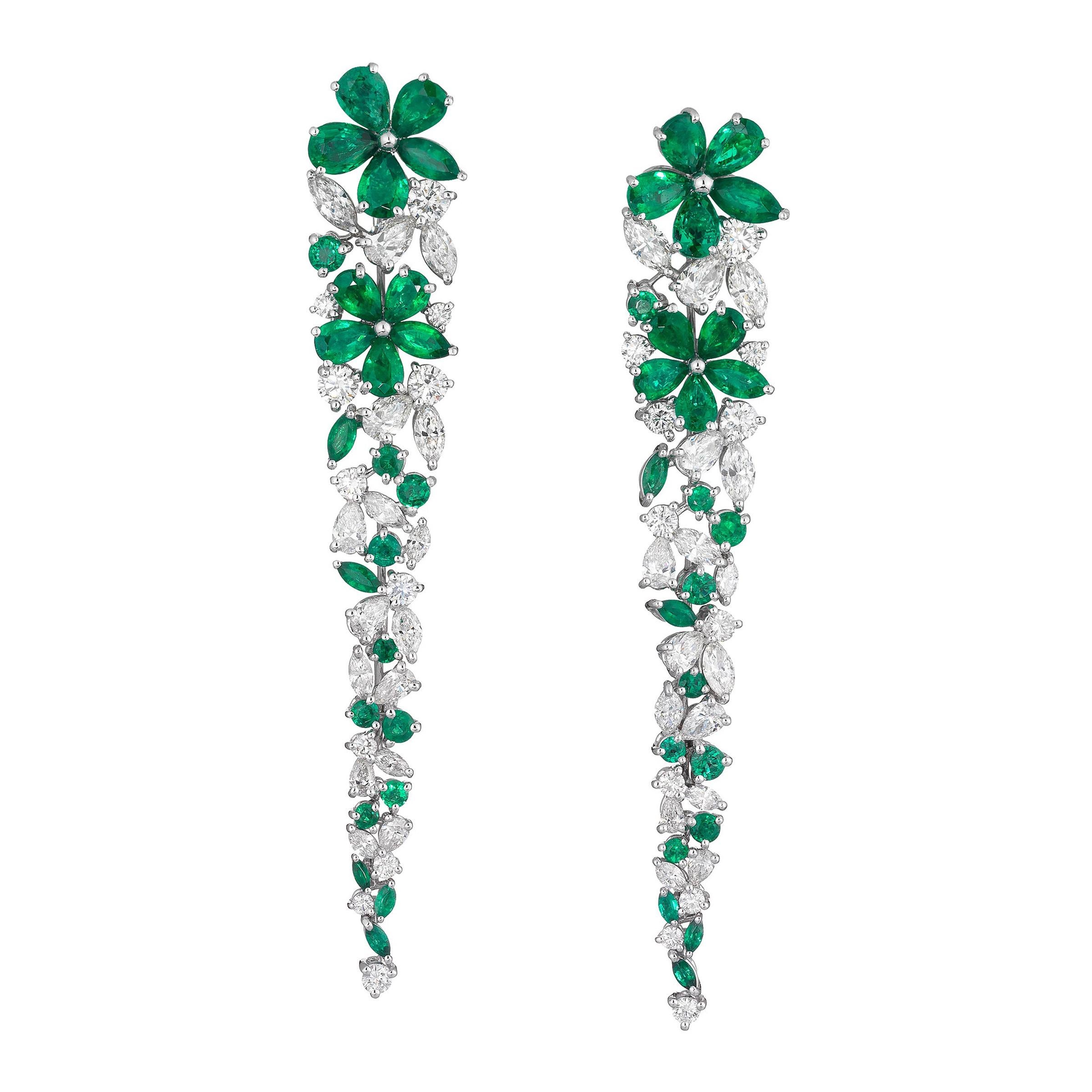 Graff Emerald Diamond Carissa Flower Earrings Extra Long in 18 Karat Gold