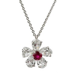 Graff Flower Ruby Diamond Platinum Pendant Necklace