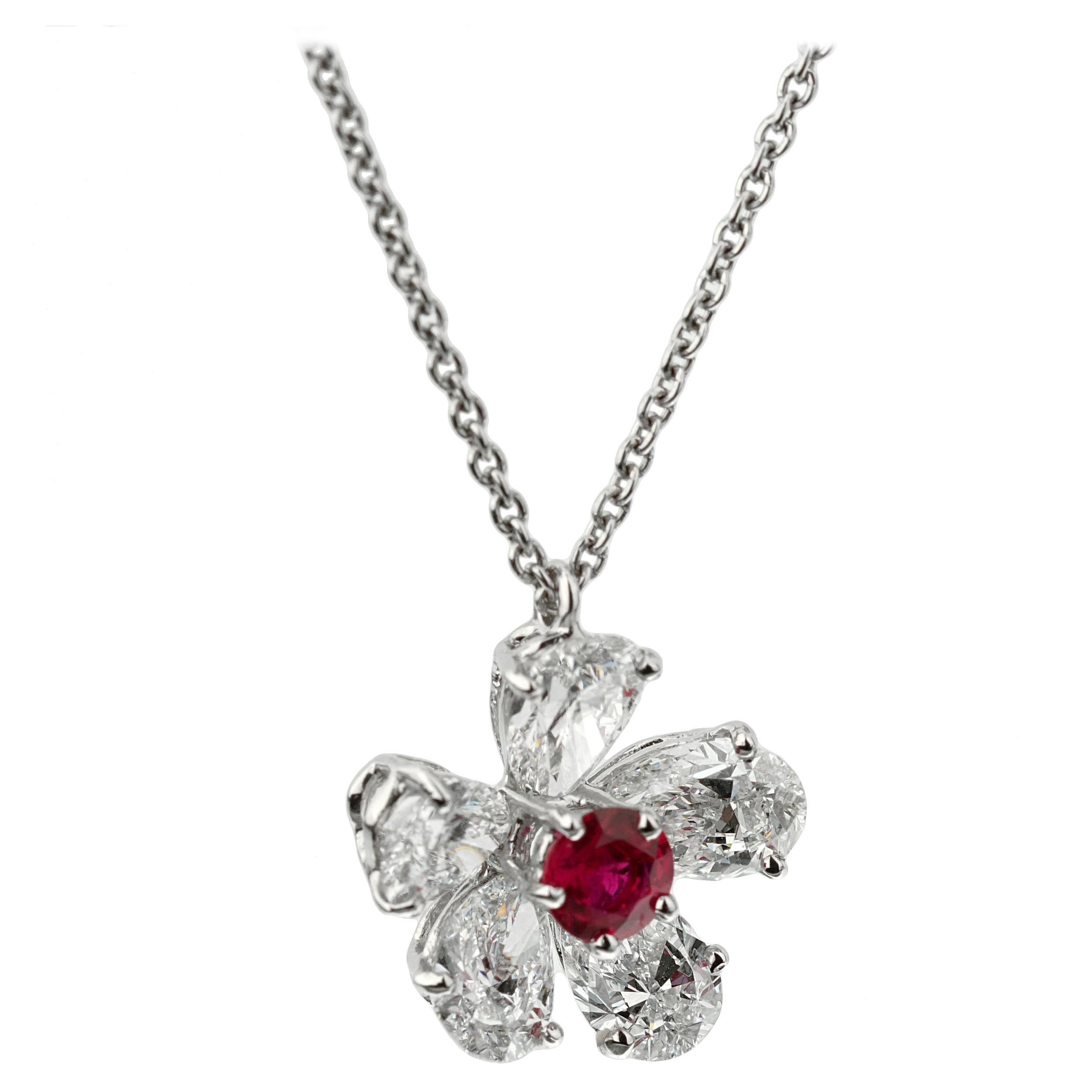 Graff Flower Ruby Diamond Platinum Pendant Necklace