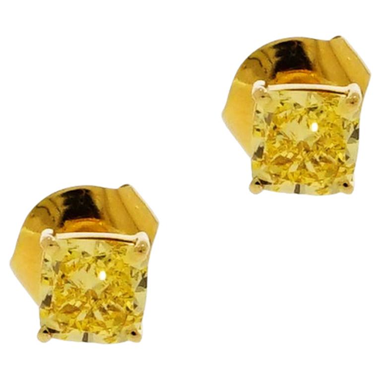 Graff, GIA Certified Cushion Cut Fancy Vivid Yellow Diamond Stud Earrings