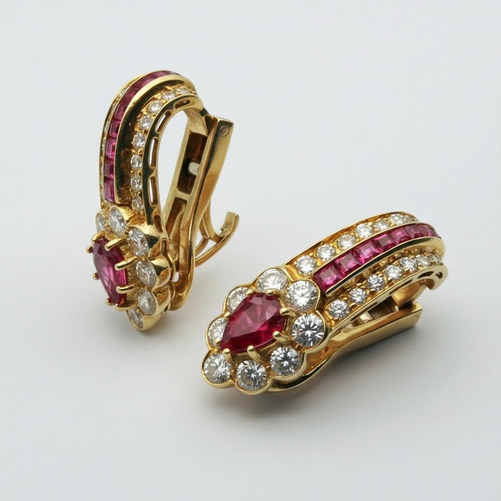 Pear Cut Graff London Estate Ruby and Diamond Ear Clips For Sale