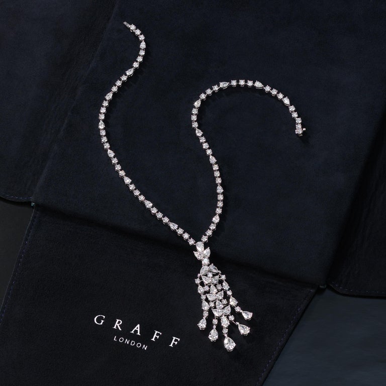 Exceptional Graff diamond necklace radiating glamour and classic elegance and showcasing 31 carats of finest white diamonds (approximately D to G color) masterfully set in noble platinum and 18 karat white gold. The necklace is in ‘As New’ condition
