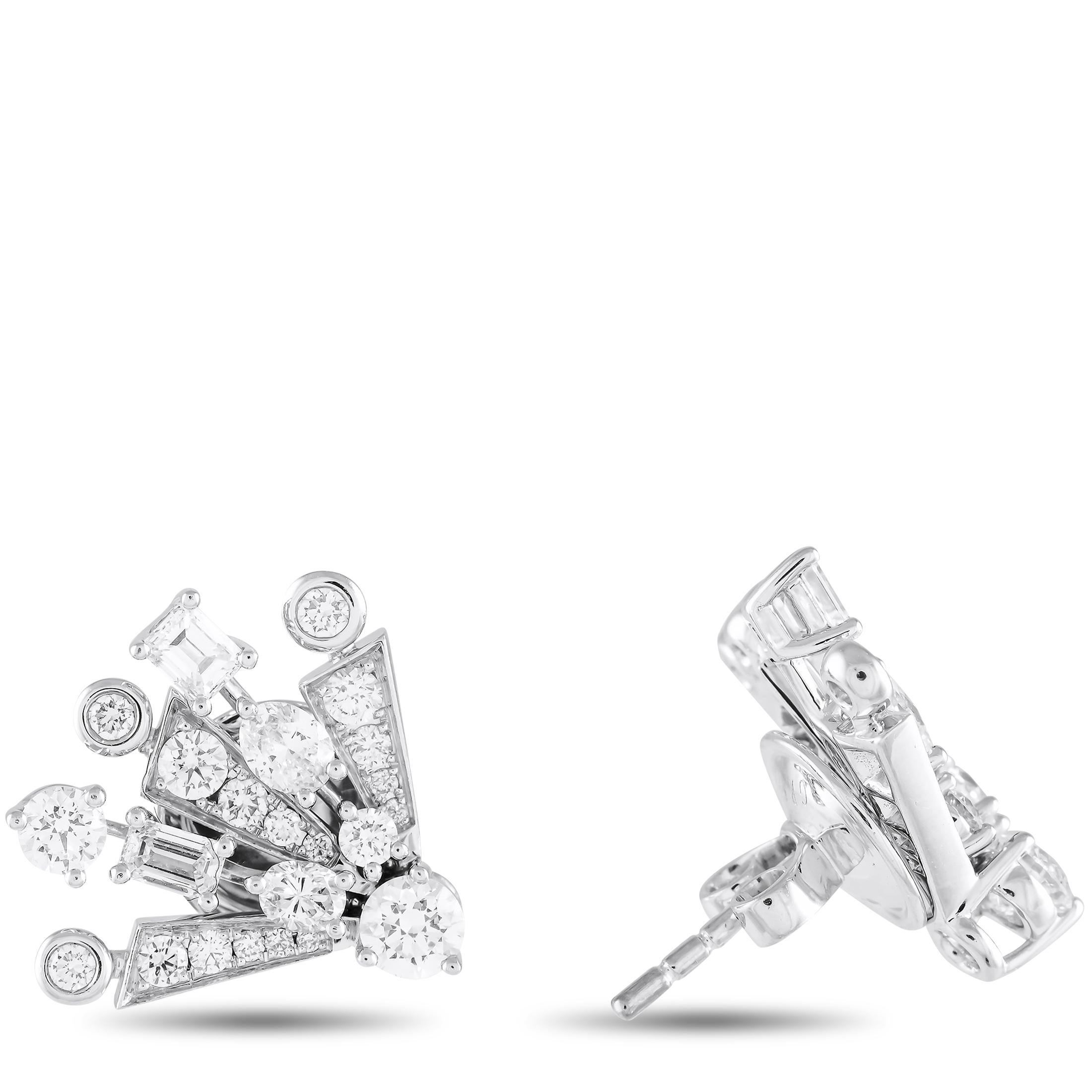 Mark a new beginning with Graff's New Dawn Diamond Stud Earrings. Each earring features a fan-like ensemble of diamonds in varying cuts and sizes. Rays of diamonds stem from a round diamond point. The rays include elongated trapezoid bezels and rows