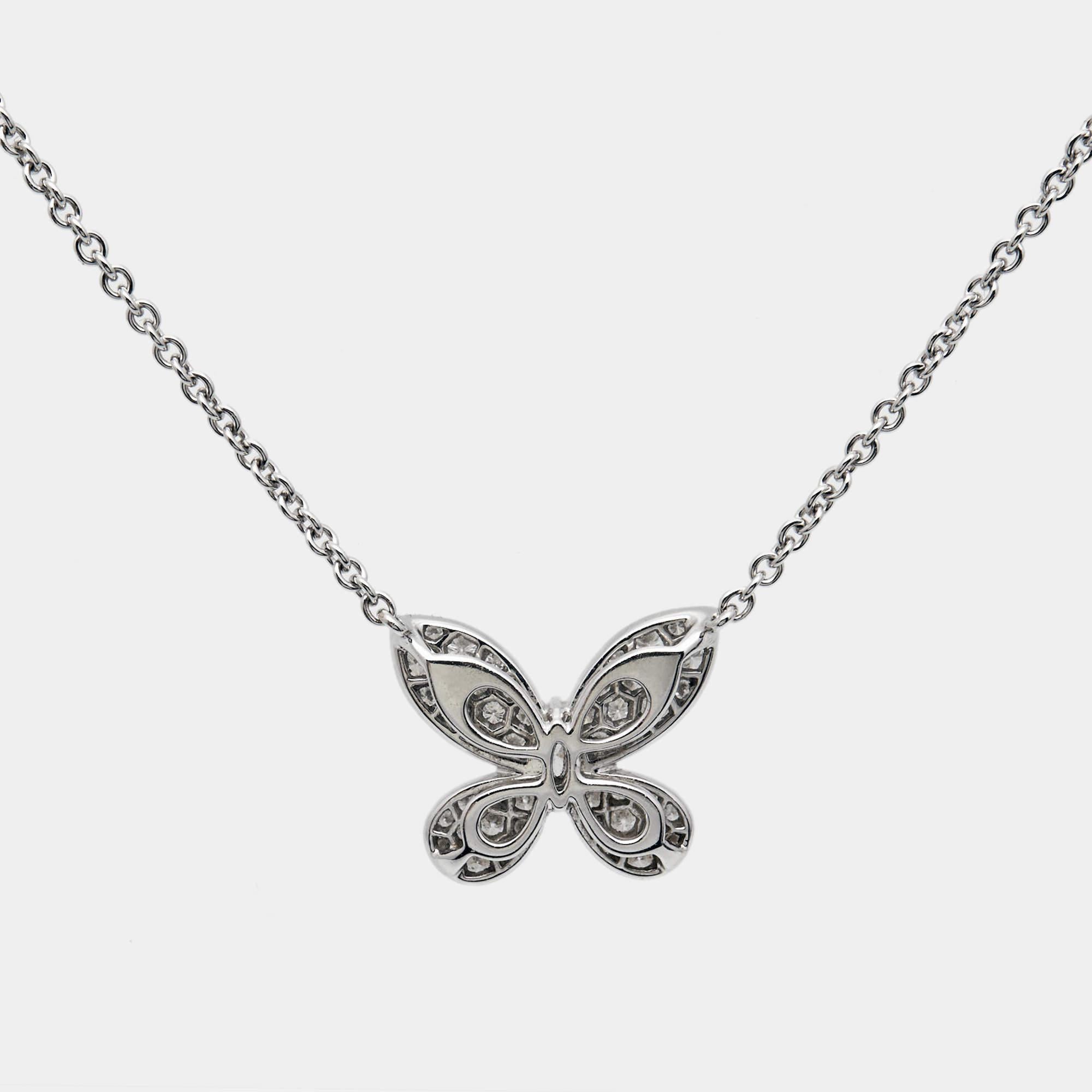 The Graff necklace is a stunning piece of jewelry crafted from 18K white gold. Its delicate pendant features a butterfly motif adorned with brilliant-cut diamonds, creating a dazzling sparkle. The pendant hangs gracefully from a matching white gold