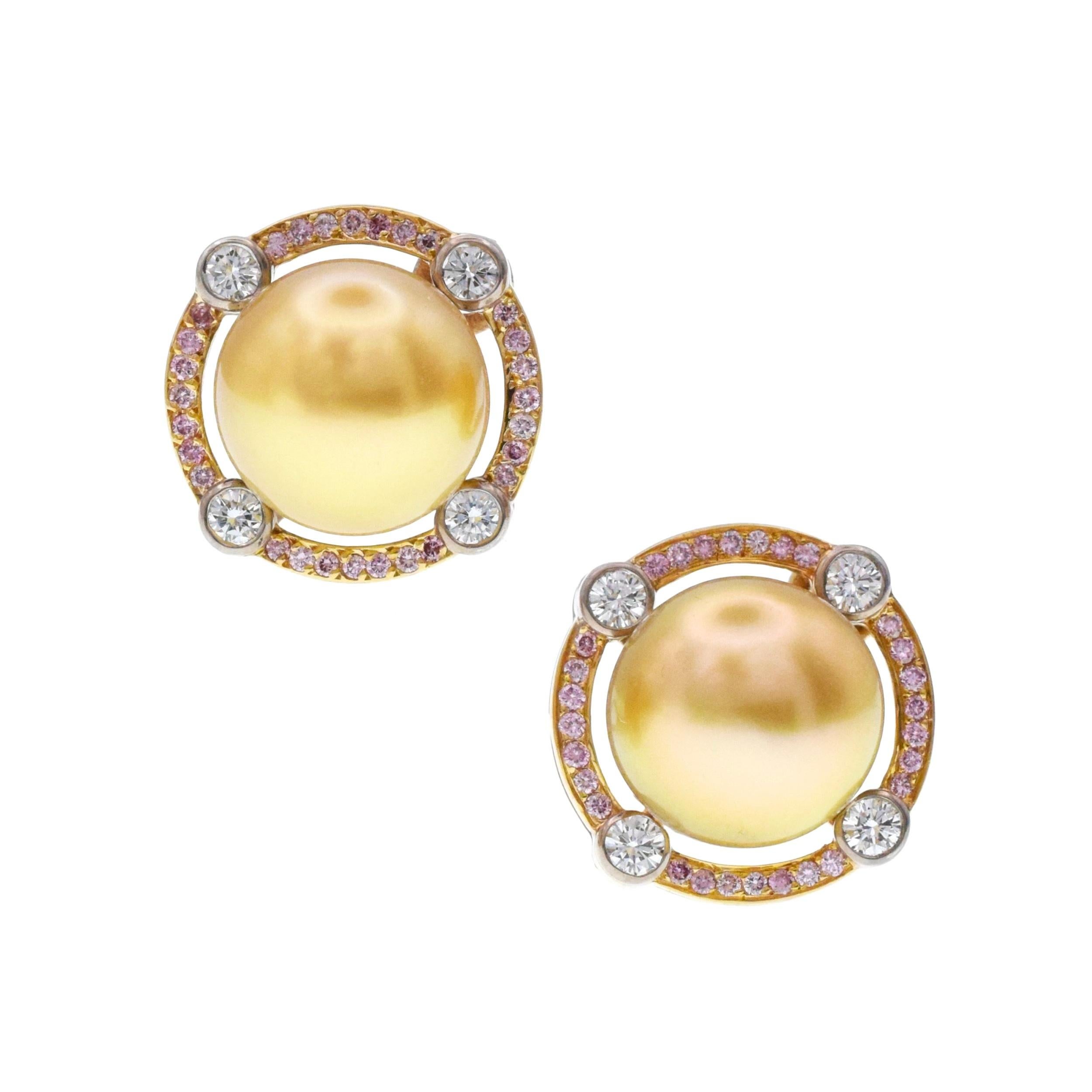 Artist Graff Pink and White Diamond with Yellow Pearl Earrings For Sale