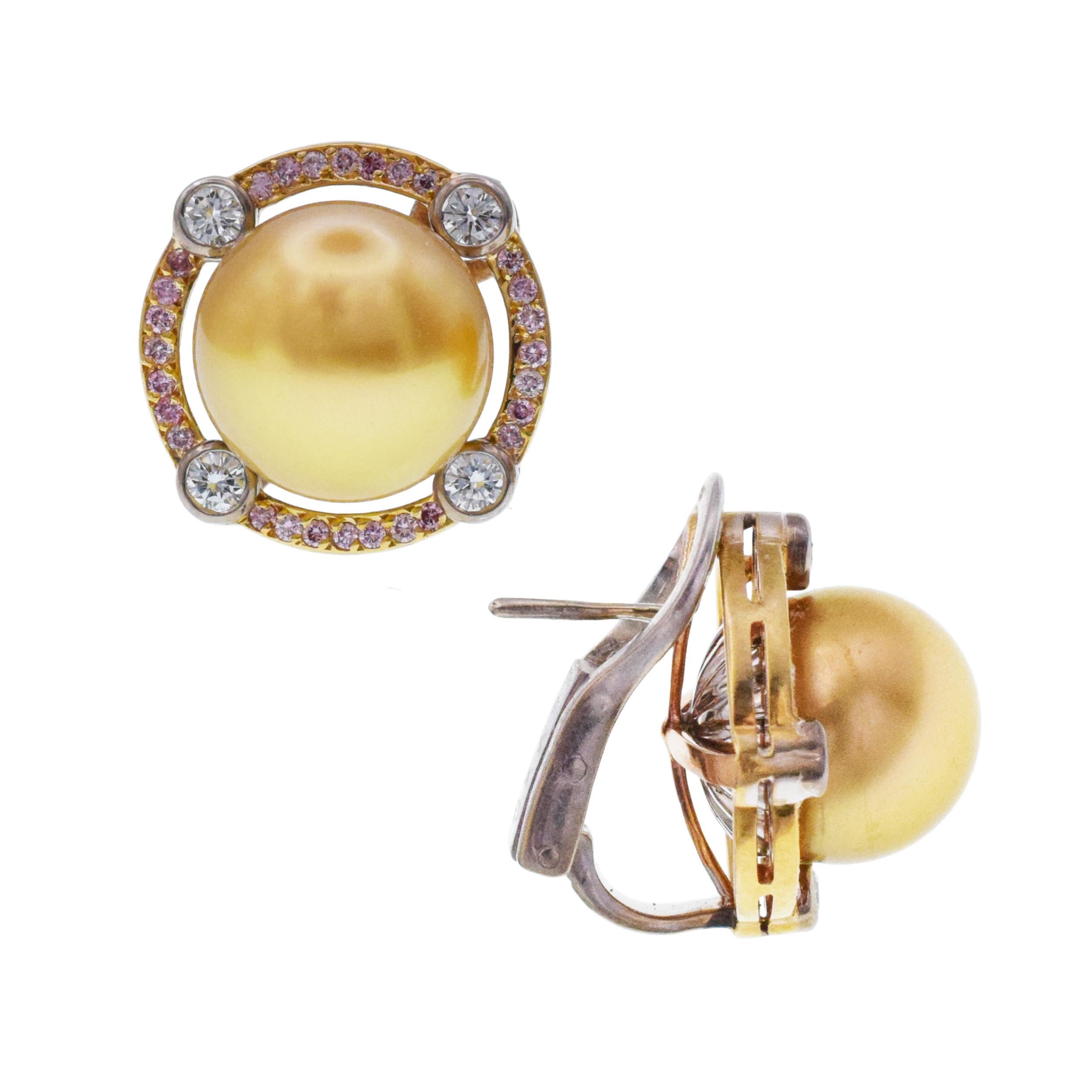 Round Cut Graff Pink and White Diamond with Yellow Pearl Earrings For Sale