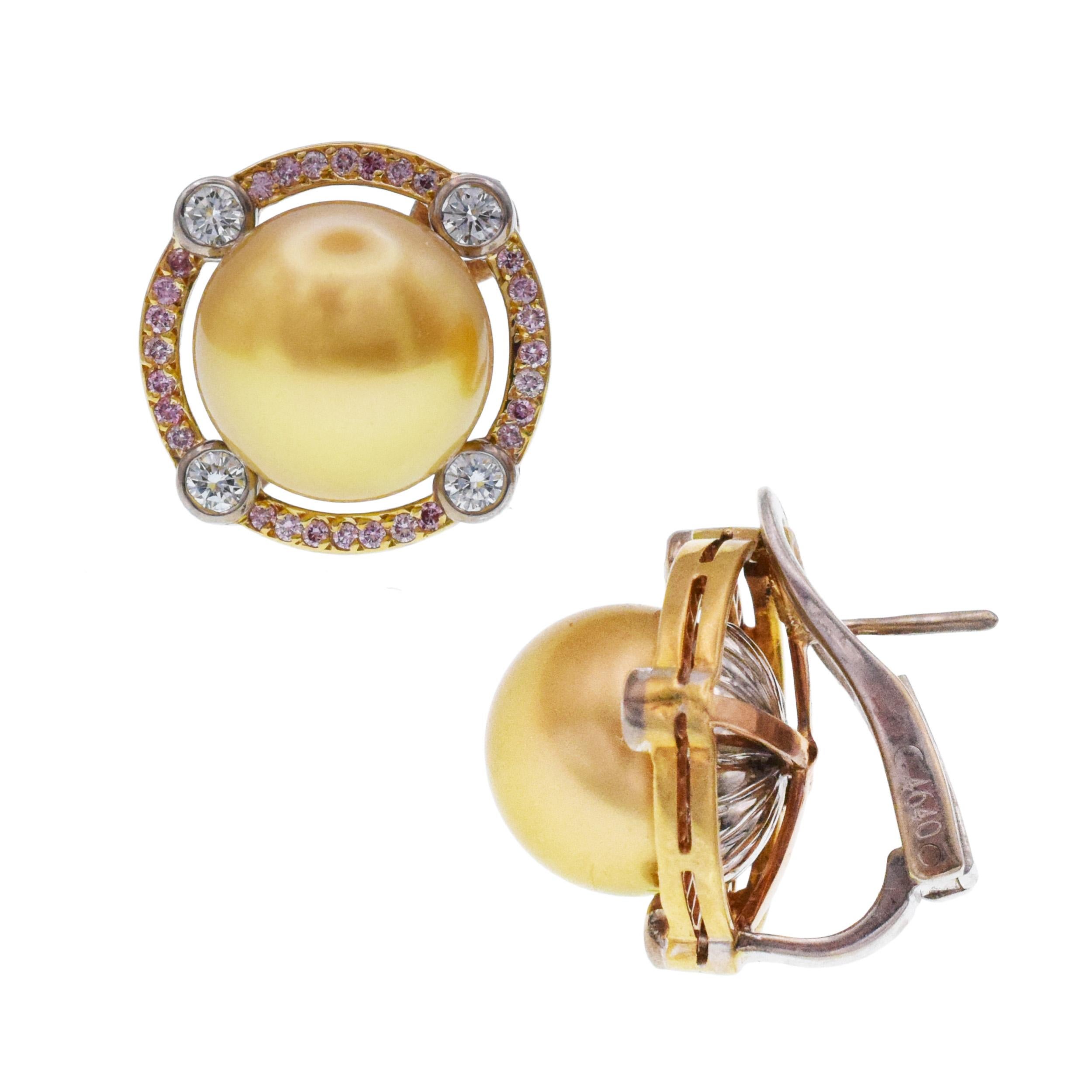 Graff Pink and White Diamond with Yellow Pearl Earrings In Excellent Condition For Sale In New York, NY