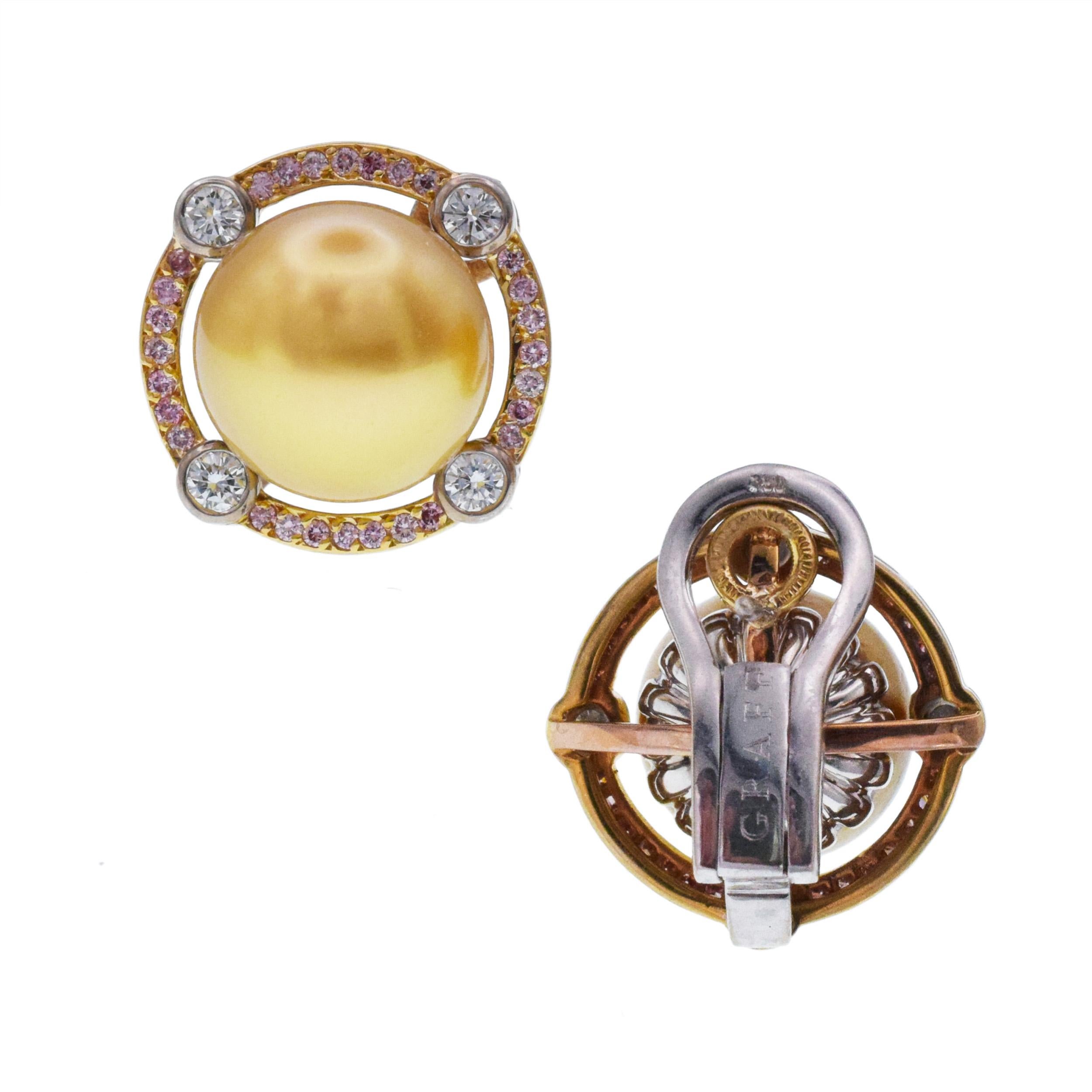 Graff Pink and White Diamond with Yellow Pearl Earrings For Sale 2