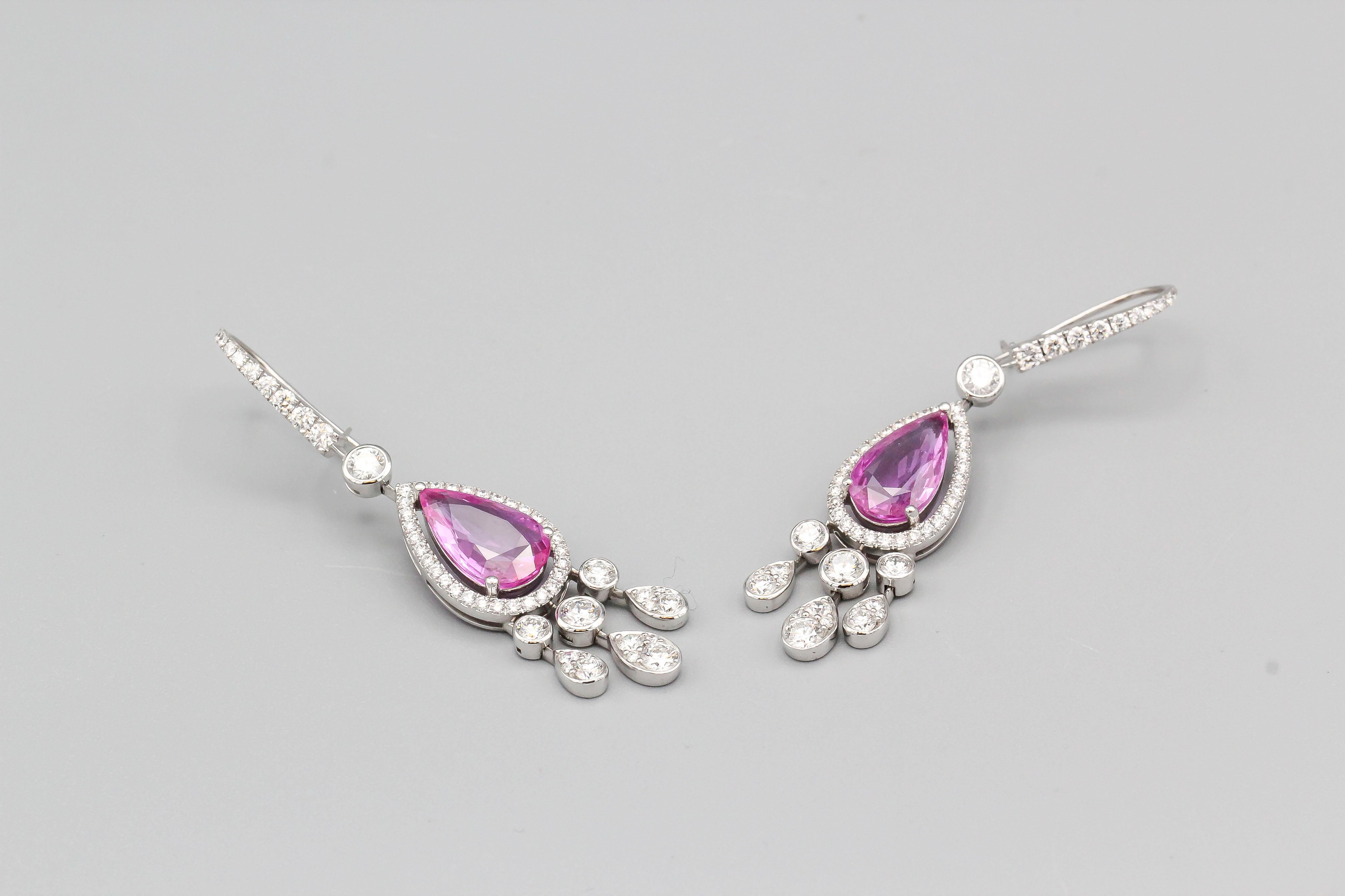 Round Cut Graff Pink Sapphire Diamond 18 Karat White Gold Drop Earrings