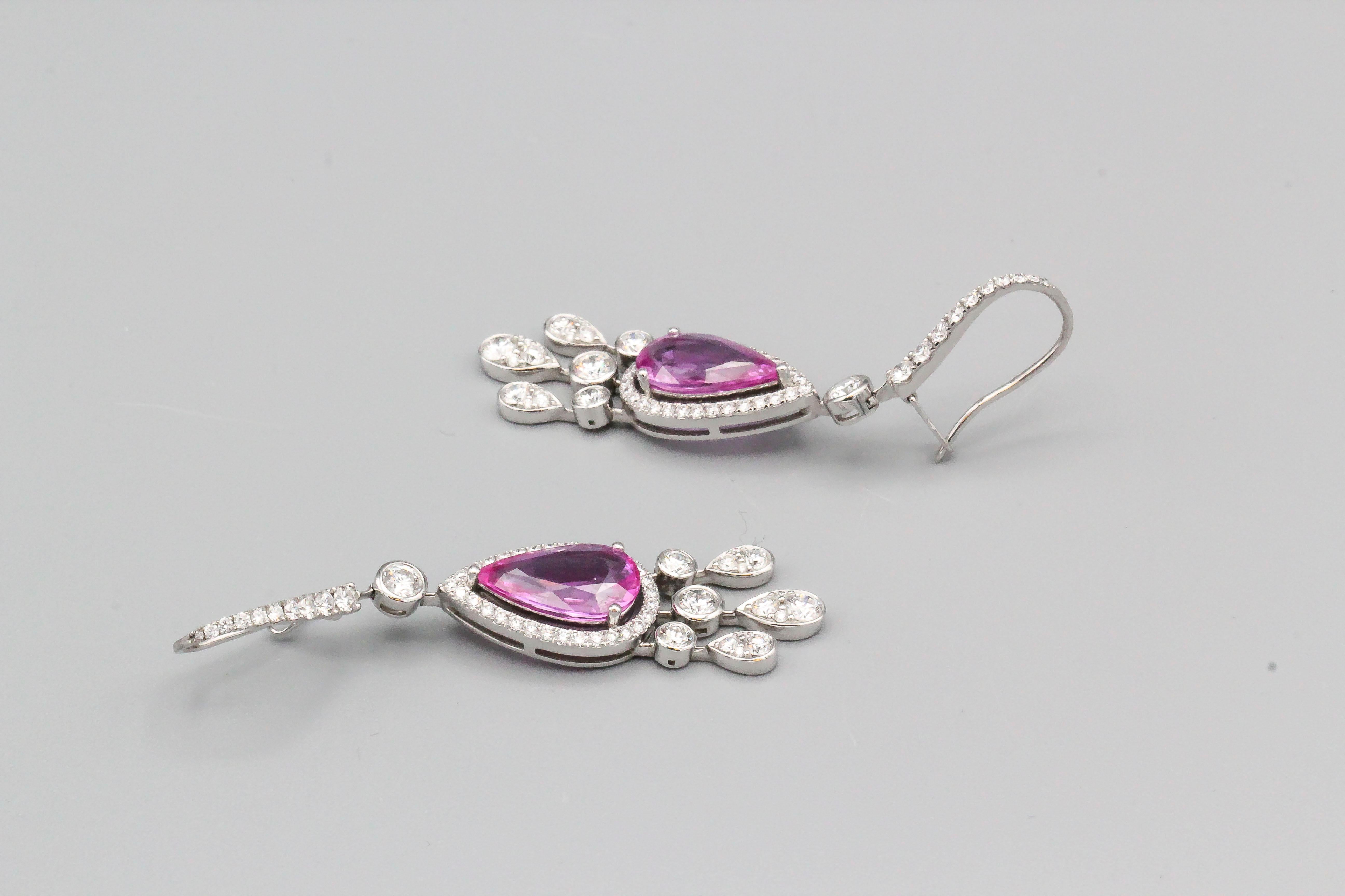 Graff Pink Sapphire Diamond 18 Karat White Gold Drop Earrings In Excellent Condition In New York, NY