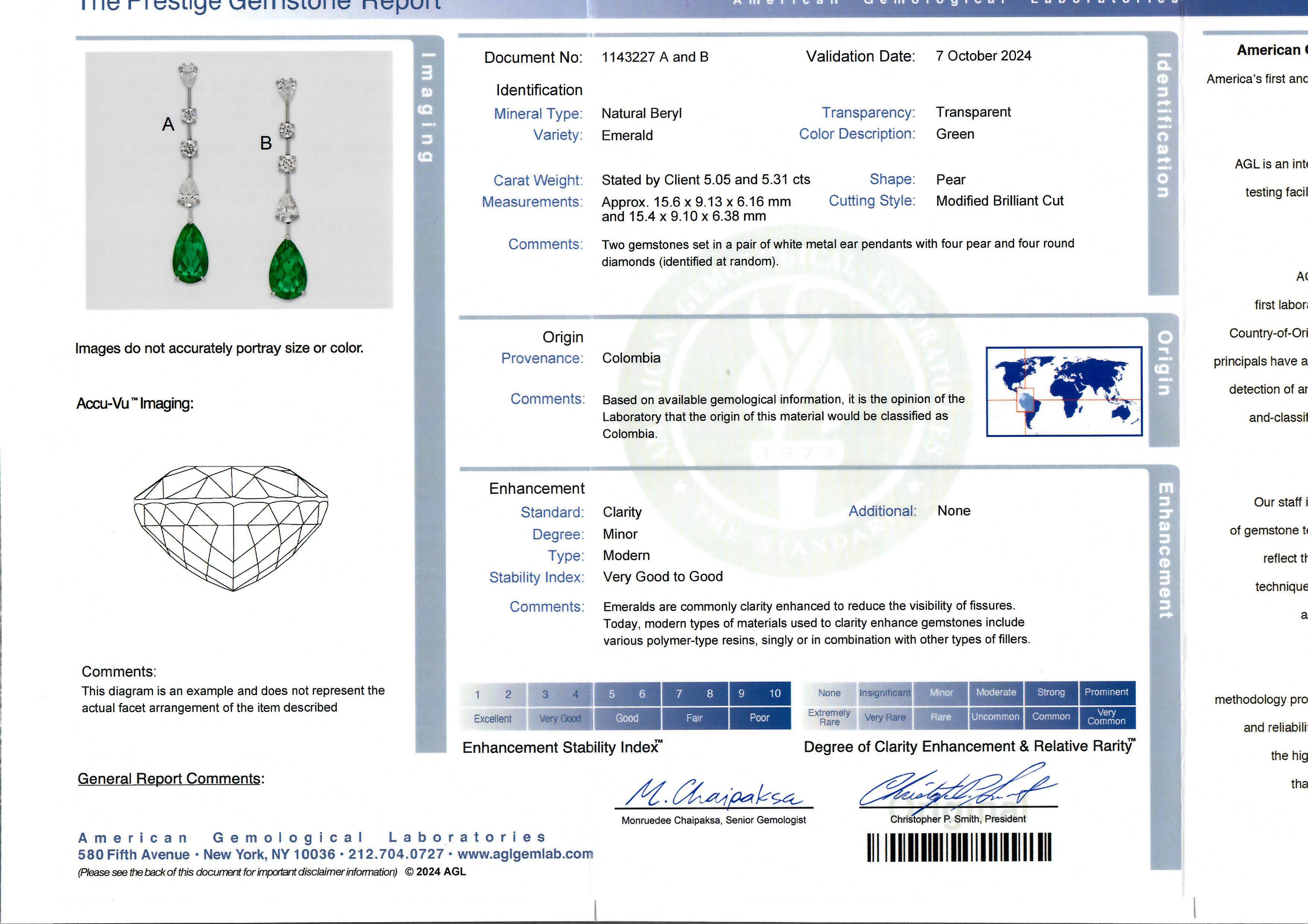 --Pietre: --
(2) Smeraldi naturali autentici - taglio a pera brillante - incastonati - colore verde vivo - 5,31 & 5,01 (10,36) ctw (esatto)
** Vedere i dettagli della certificazione qui sotto per informazioni complete sugli smeraldi.
(4) Diamanti