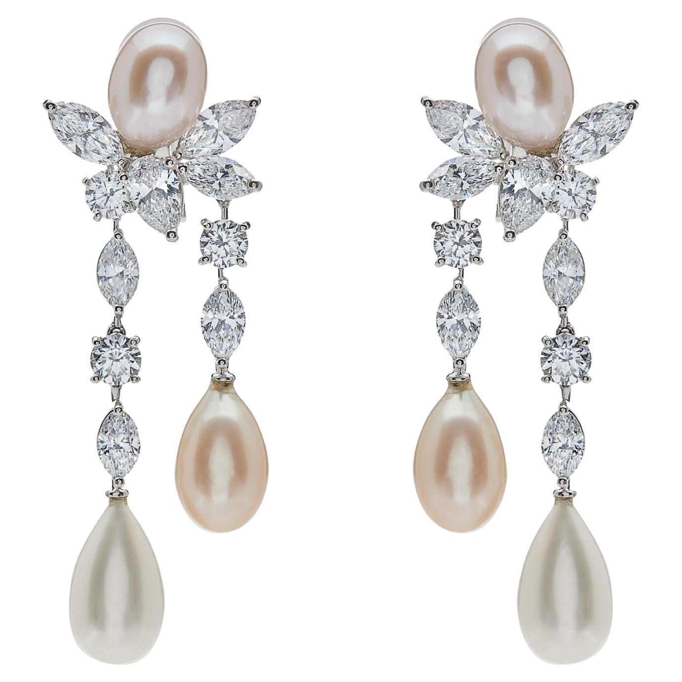 Graff Platinum and White Gold Pearl and Diamond Drop Earrings For Sale