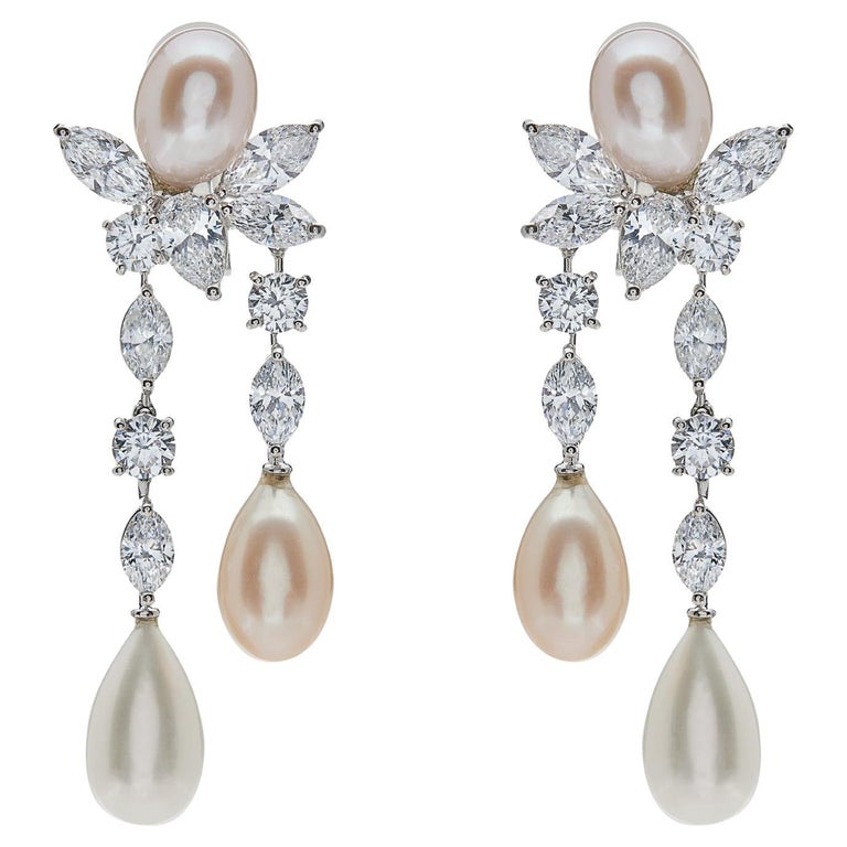 Graff Platinum and White Gold Diamond and Pearl Drop Earrings For Sale ...