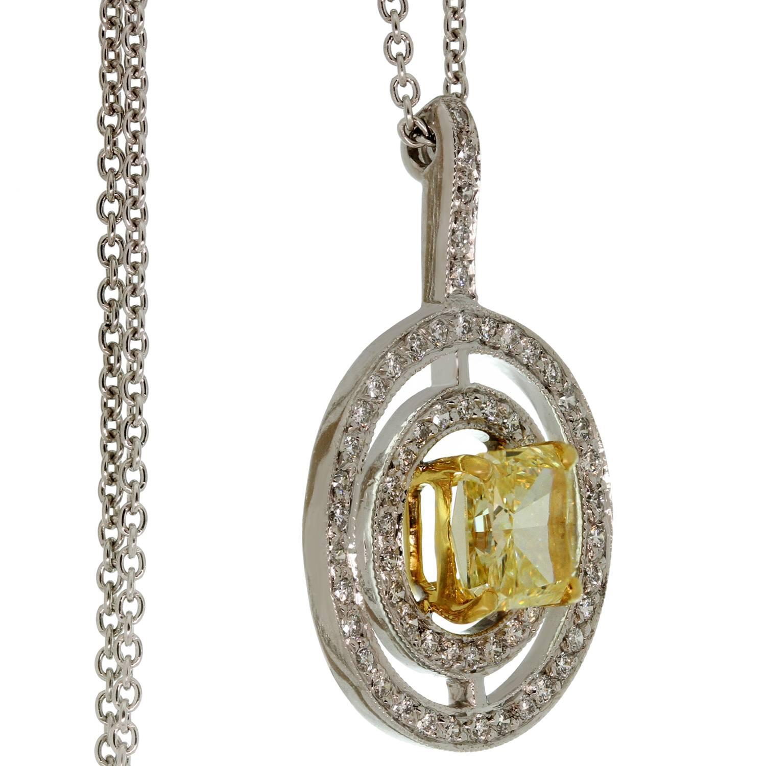 Graff Platinum Fancy Yellow Diamond White Diamond Pendant Necklace GIA 3