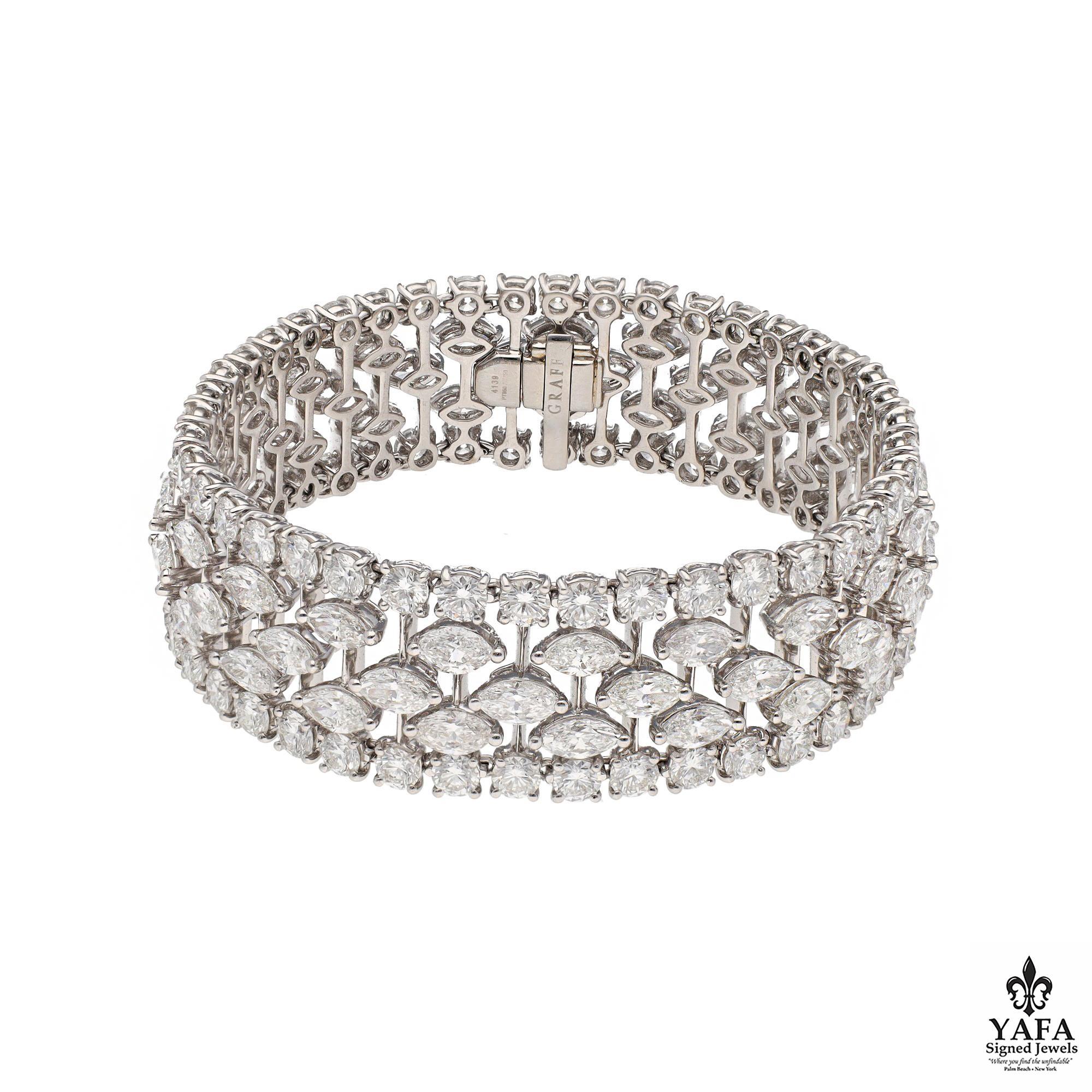 Beautifully designed classic Graff bracelet that celebrates the purity of classic diamonds.  
3-Rows of 86 Marquise Diamonds, 84 Round Diamonds. 
Approx. Weight 36.15 CTS
Approx. Total Diamond Weight 52.4 CTS
Approx. length 7.25