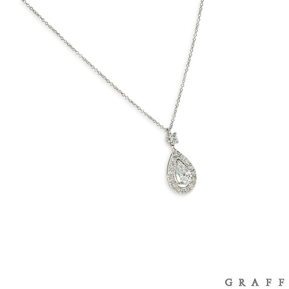 A beautiful platinum diamond drop pendant by Graff. The pendant starts with a 0.15ct round brilliant cut diamond in a 4 prong setting, followed by a pear cut diamond with a weight of 0.70ct, D in clour and IF clarity. This spectacular pear cut is