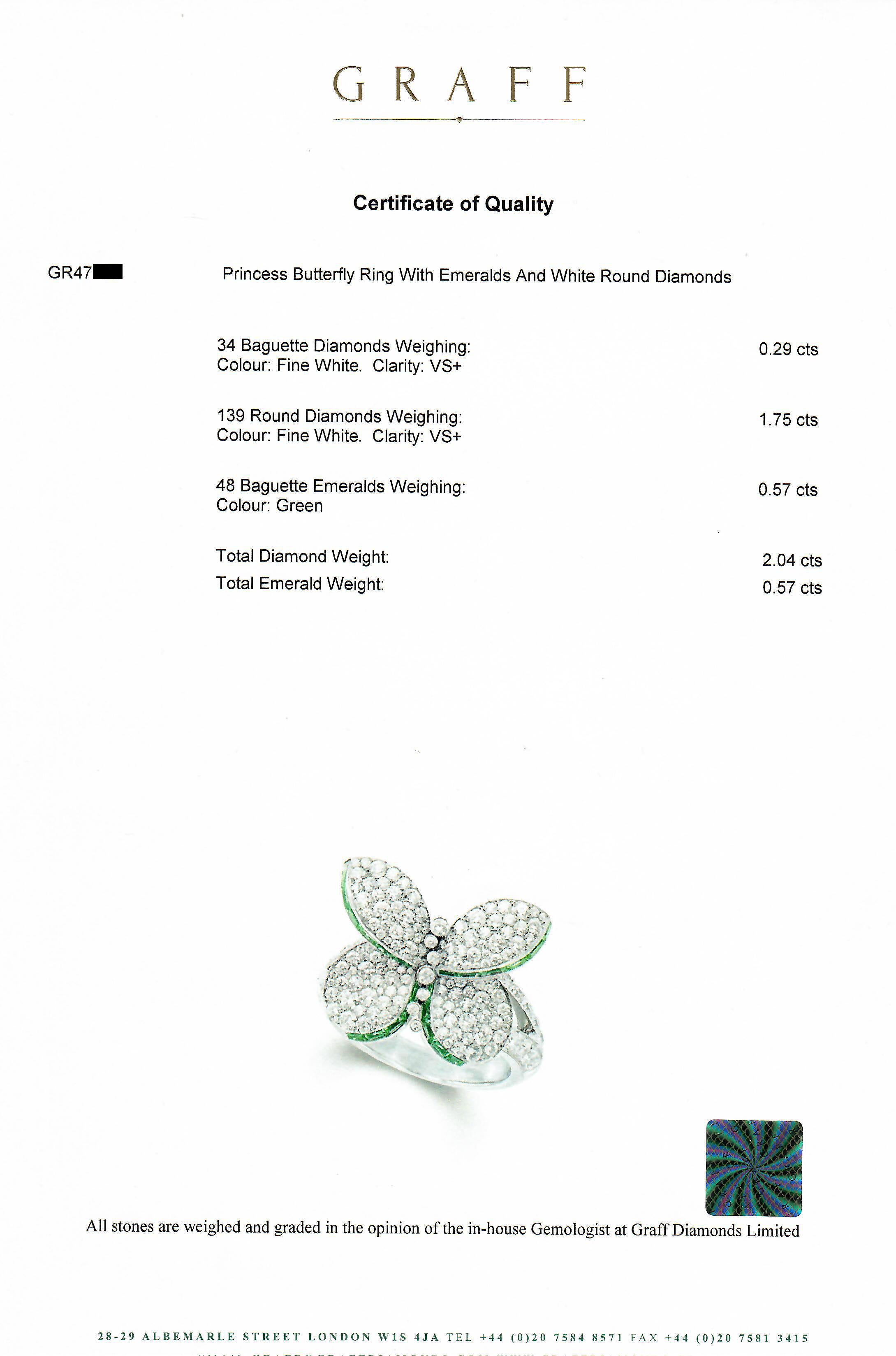 Graff Prince Butterfly with Emeralds and Write Round Diamonds Ring For Sale 1