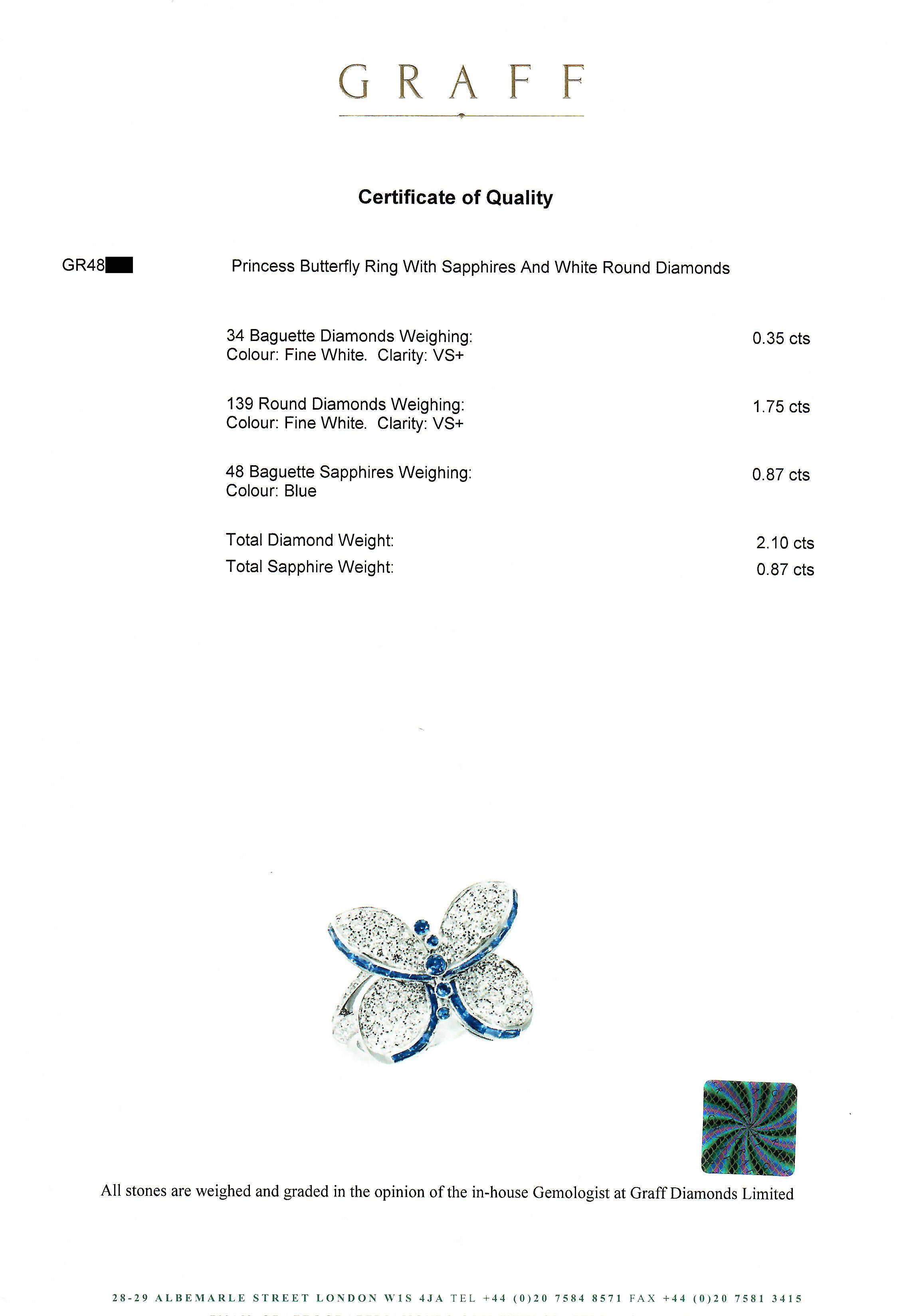 Graff Prince Butterfly with Sapphire and Write Round Diamonds Ring For Sale 1