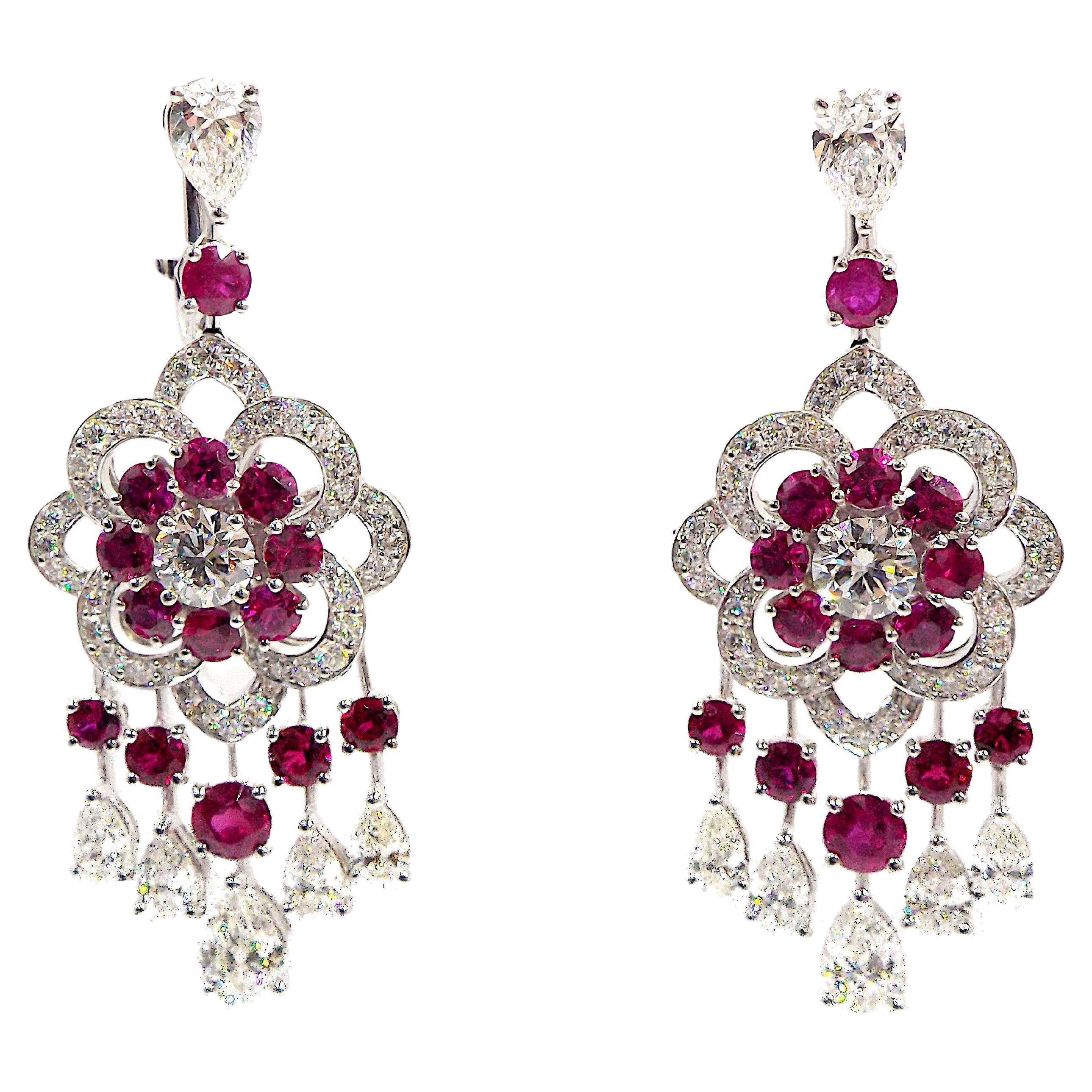 Graff Rosette 18K White Gold Ruby Diamond Chandelier Earrings