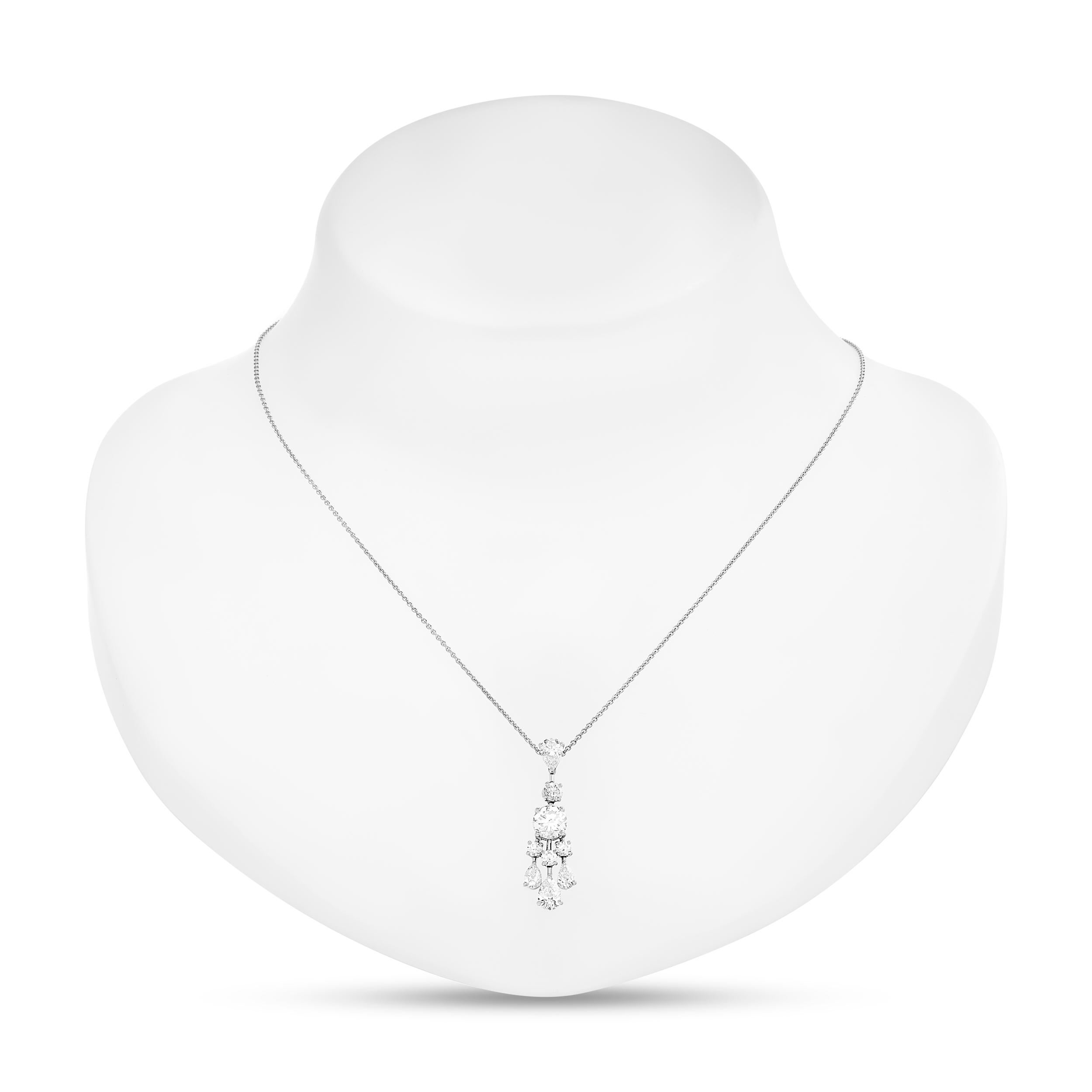 The Graff diamond drop pendant dazzles with its exquisite array of round and pear shape diamonds, each stone perfectly cut and set to create a stunning cascade of brilliance.

This Graff necklace features an 0.88 carat round brilliant cut diamond