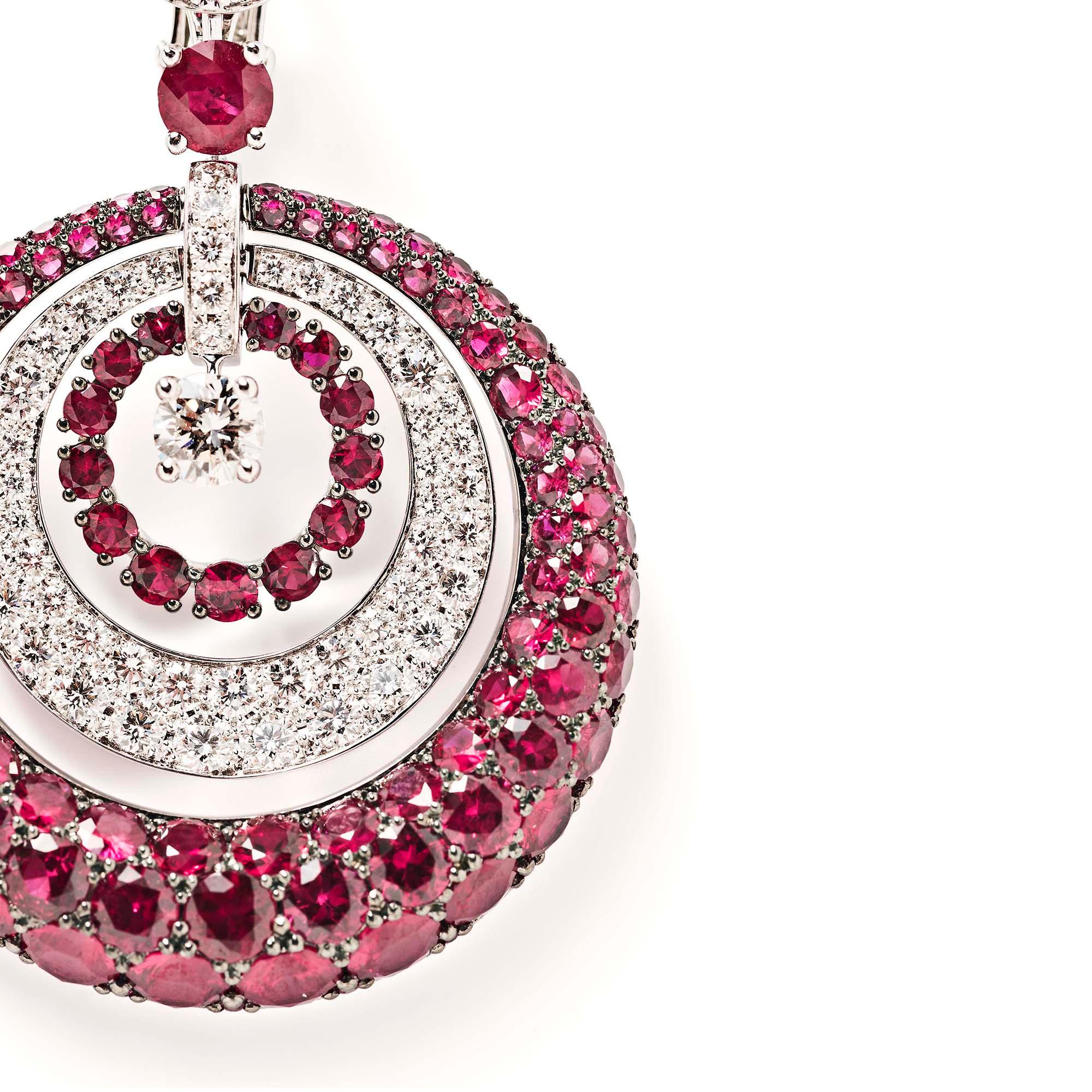 From its founding in 1960 Graff has staked its reputation on superior craftsmanship and stone quality. These impressive ruby and diamond earrings capture both principles of the house. The drop pendants are composed of concentric hoops generously set