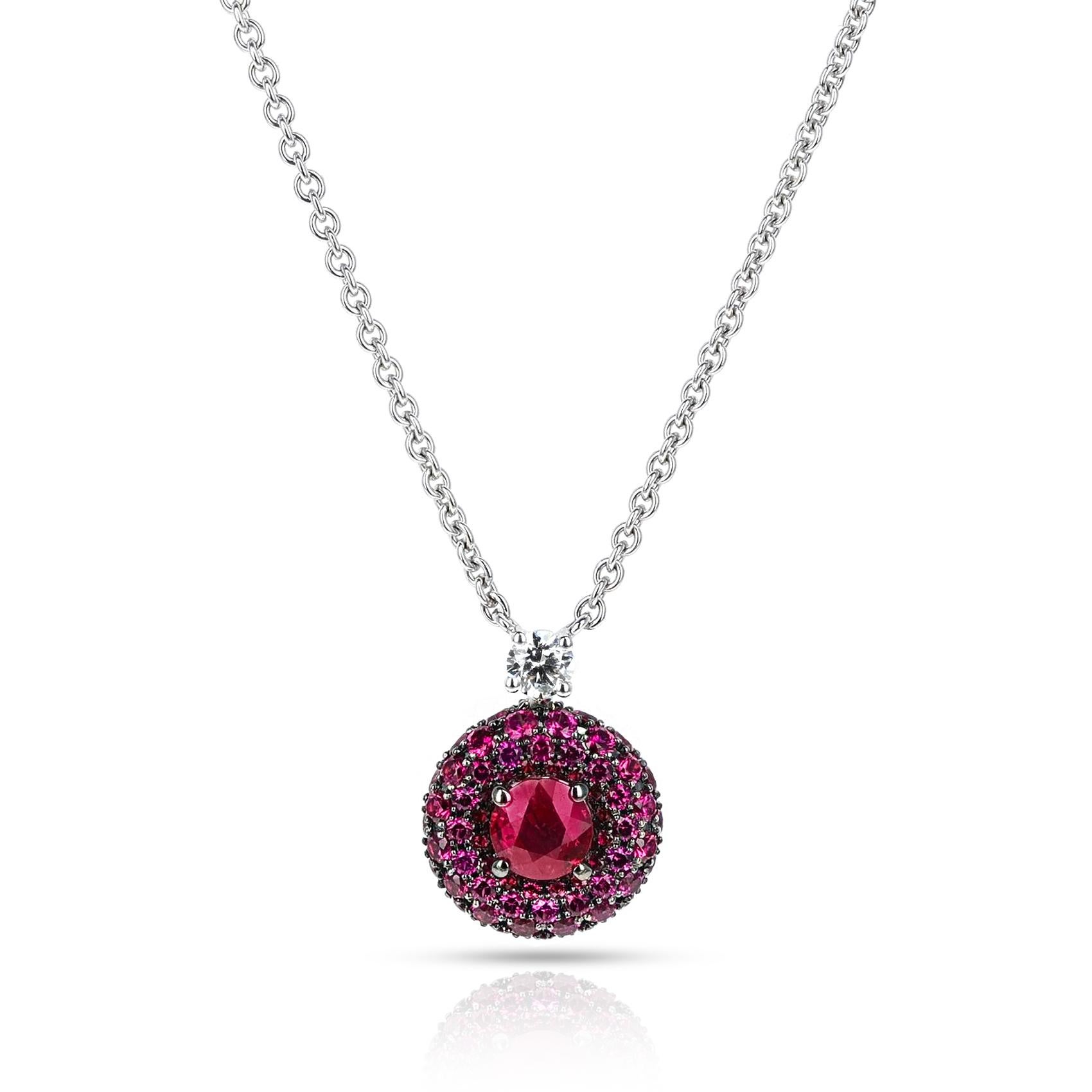 Round Cut Graff Ruby and Diamond Pendant Necklace, White Gold For Sale