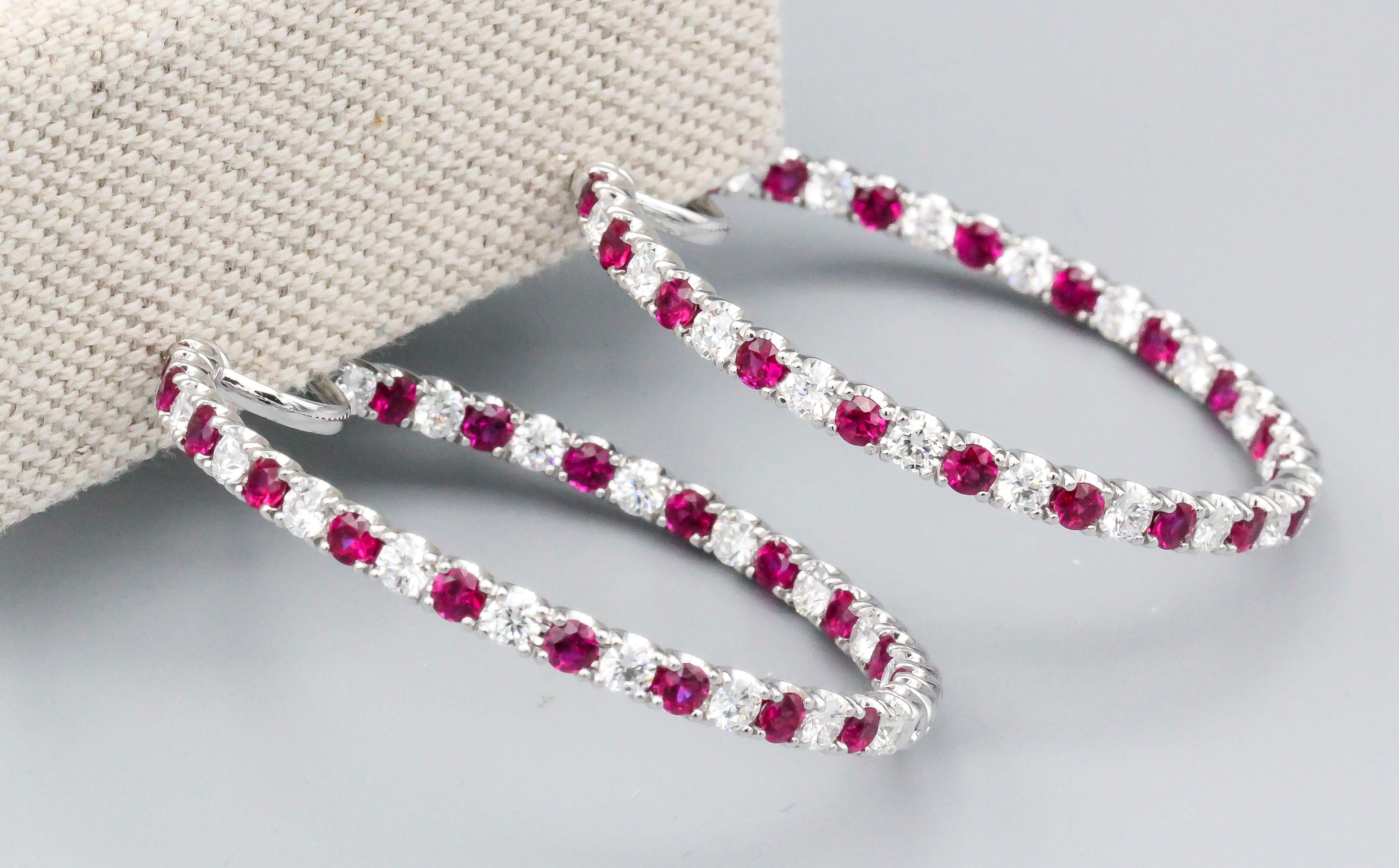 Round Cut Graff Ruby Diamond and 18 Karat White Gold Inside Out Hoops Earrings