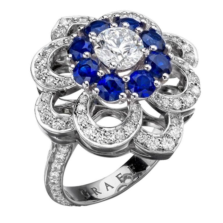 Graff Sapphire and Diamond Cocktail Platinum Ring For Sale at 1stDibs