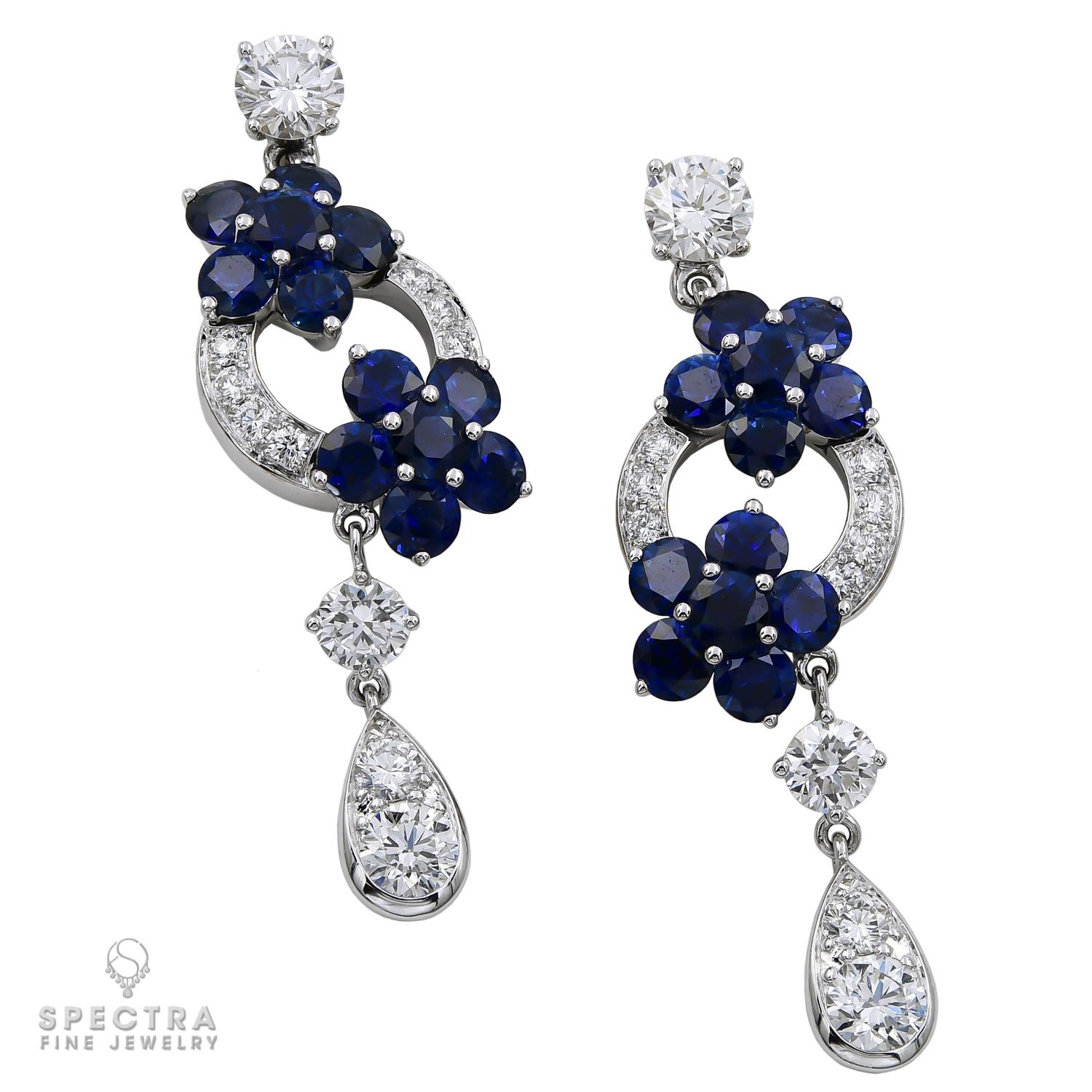 Beautiful earrings made by Graff and embellished with diamonds and sapphires.
22 diamonds weighing a total of 2.26 carats with D-E-F color, VS+ clarity.
24 sapphires weighing a total of 4.61 carats.
Metal is 18k white gold, gross weight 12.55