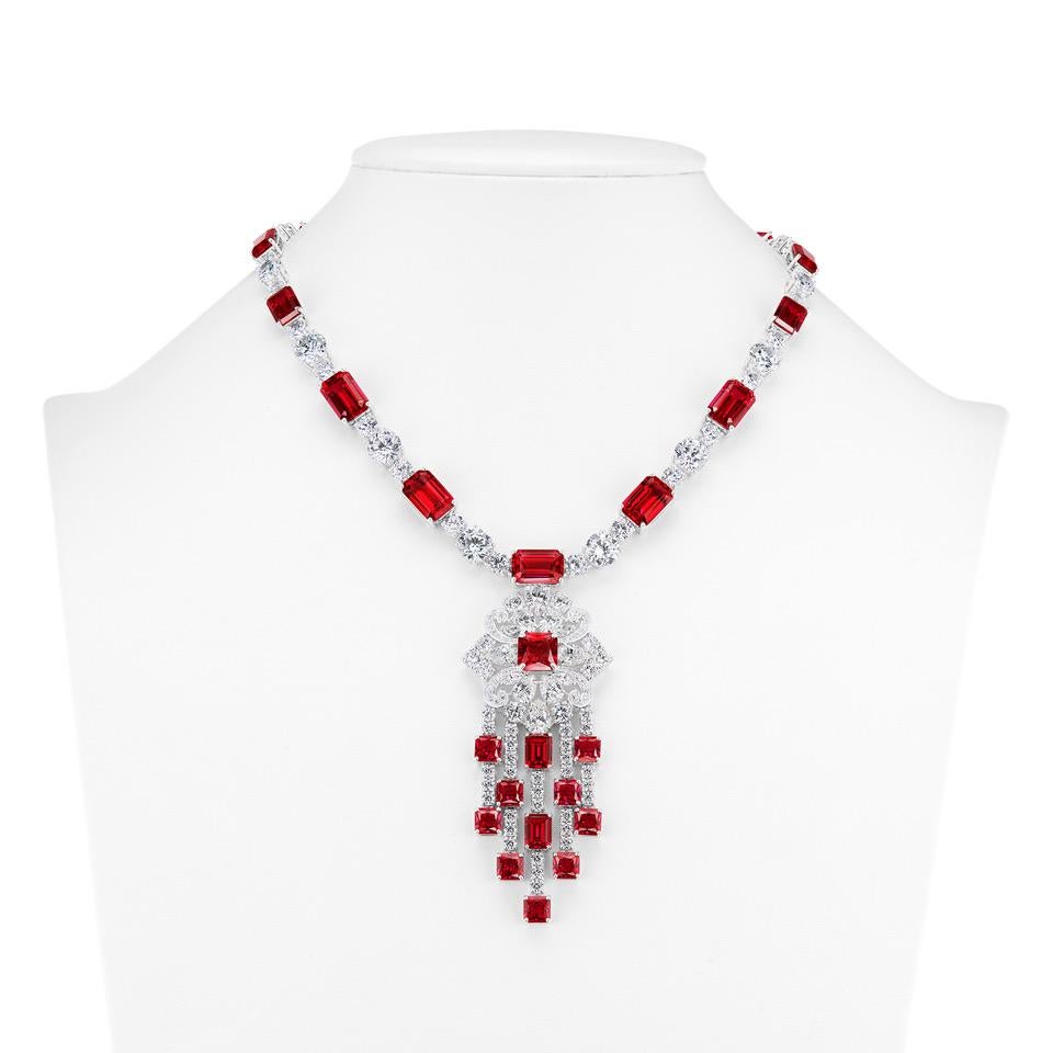 Brilliant Cut Art Deco Costume Jewelry  Diamond Ruby Pendant Necklace