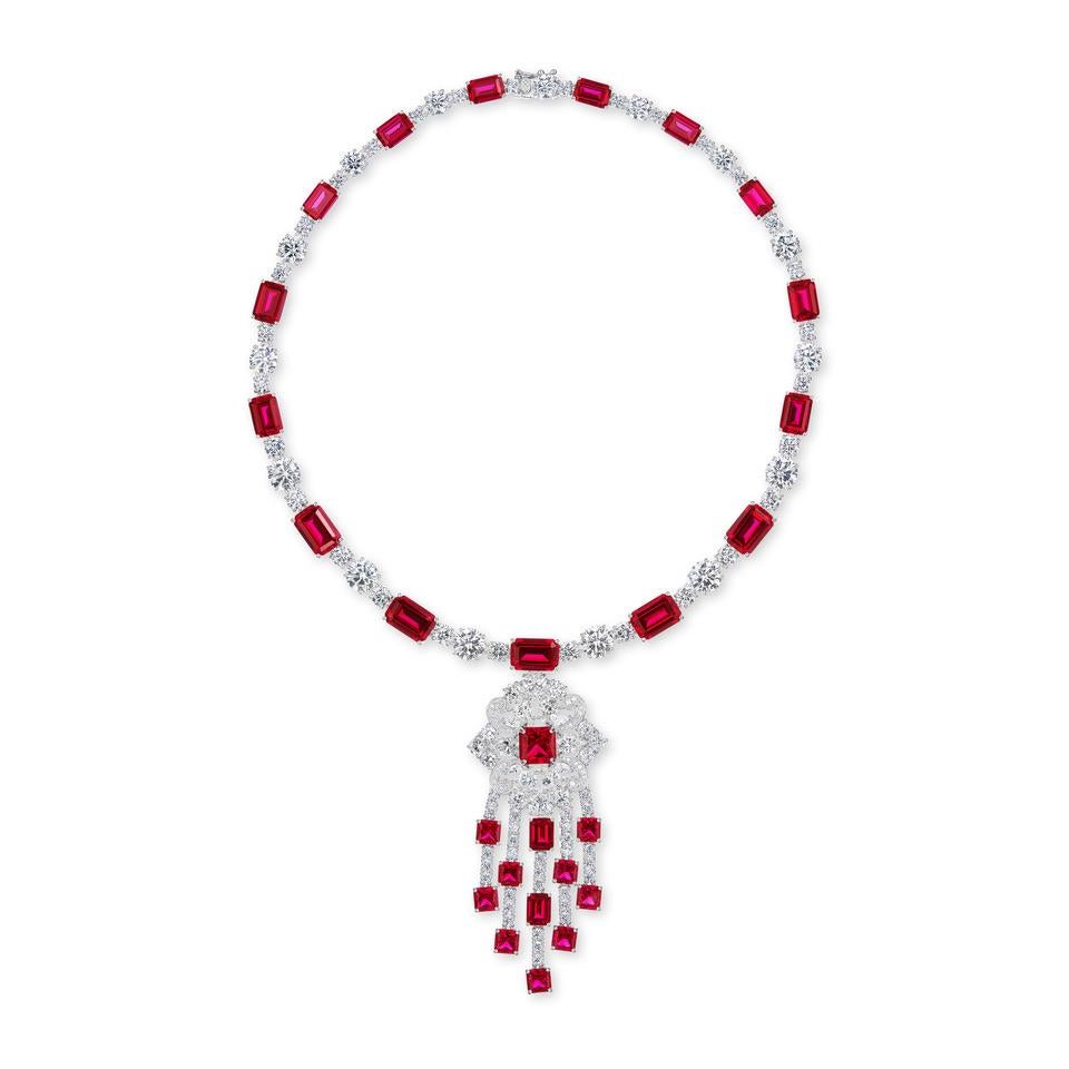 Art Deco Costume Jewelry  Diamond Ruby Pendant Necklace In New Condition In New York, NY