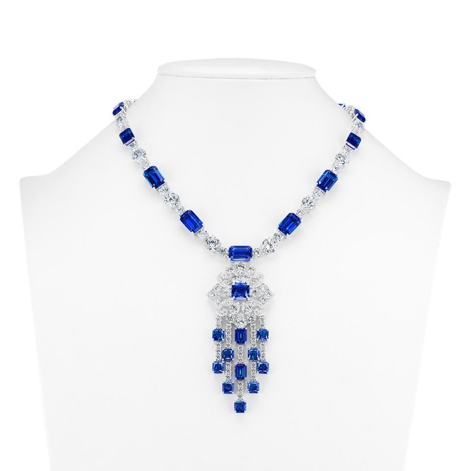 Brilliant Cut Art Deco Diamond Sapphire Sterling Costume Jewelry Pendant Necklace