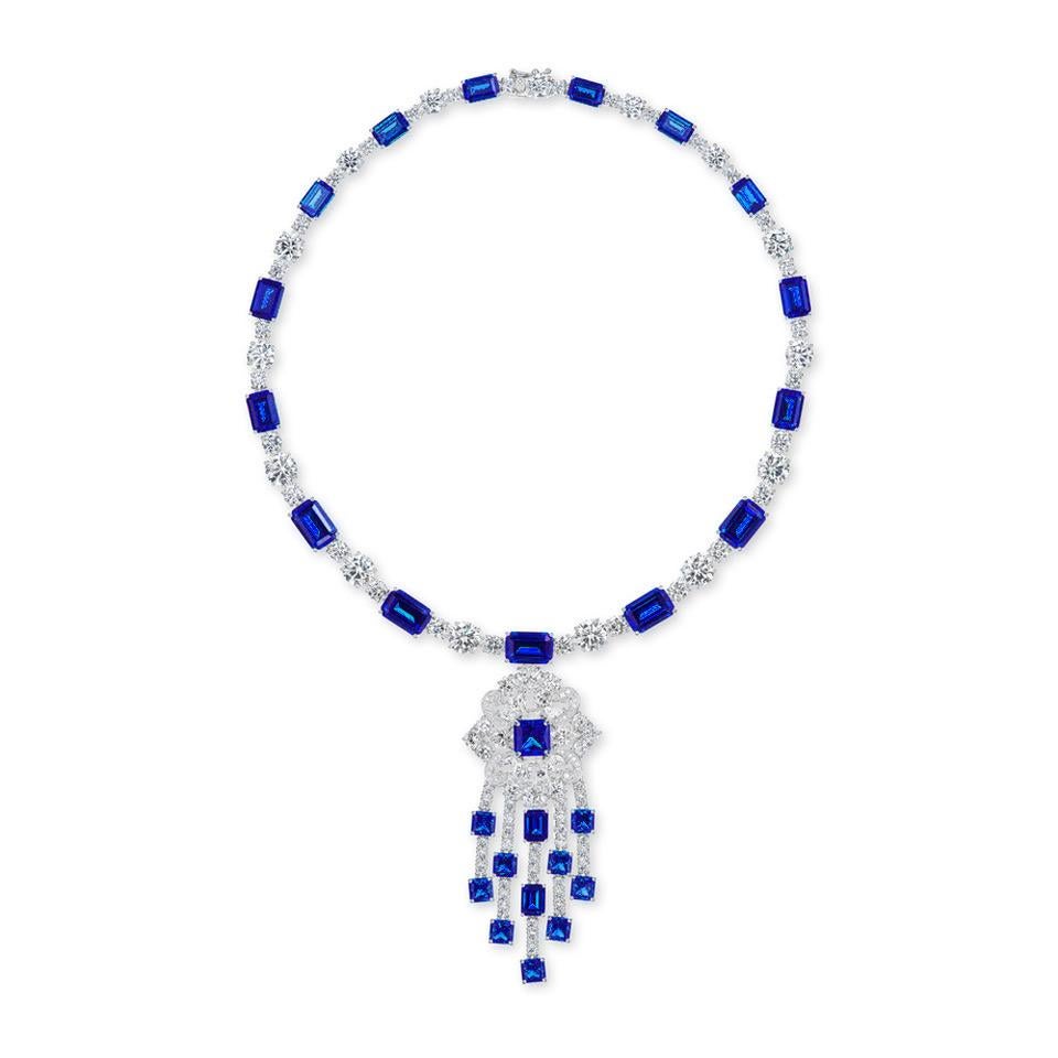 Art Deco Diamond Sapphire Sterling Costume Jewelry Pendant Necklace In New Condition In New York, NY