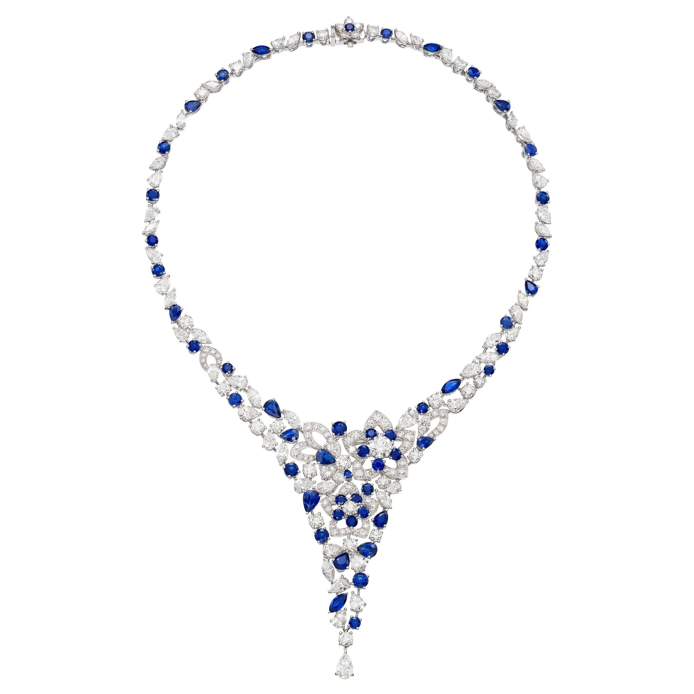 Graff Superb Sapphire Diamond Necklace in 18k Gold with GIA Certificates & Case