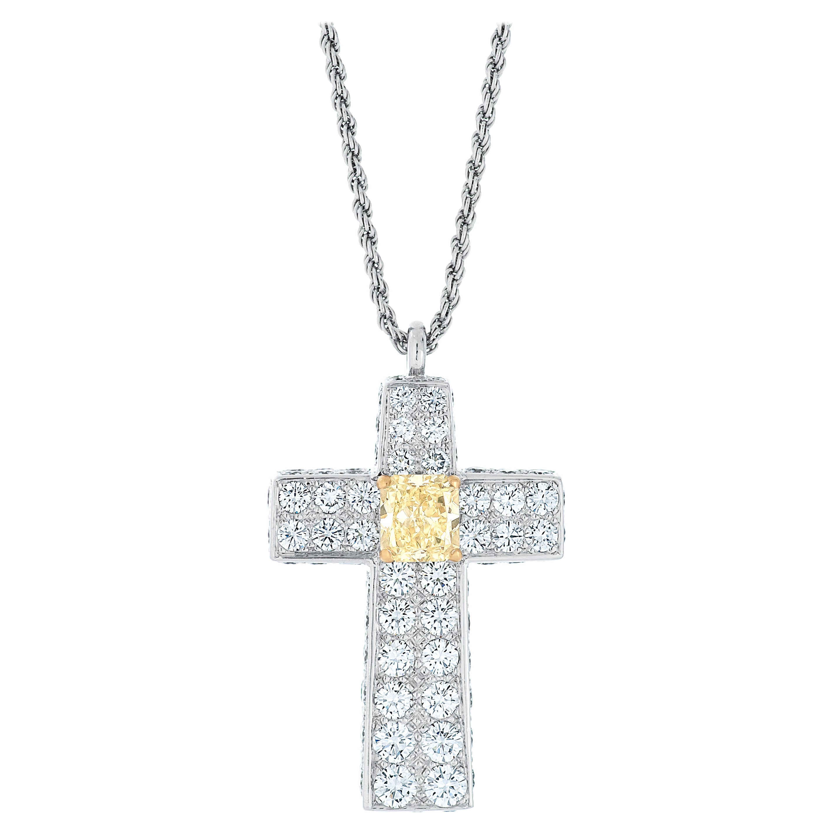 Collana con ciondolo a croce Graff con diamanti bianchi e gialli da 1,50ct in 18KWG
