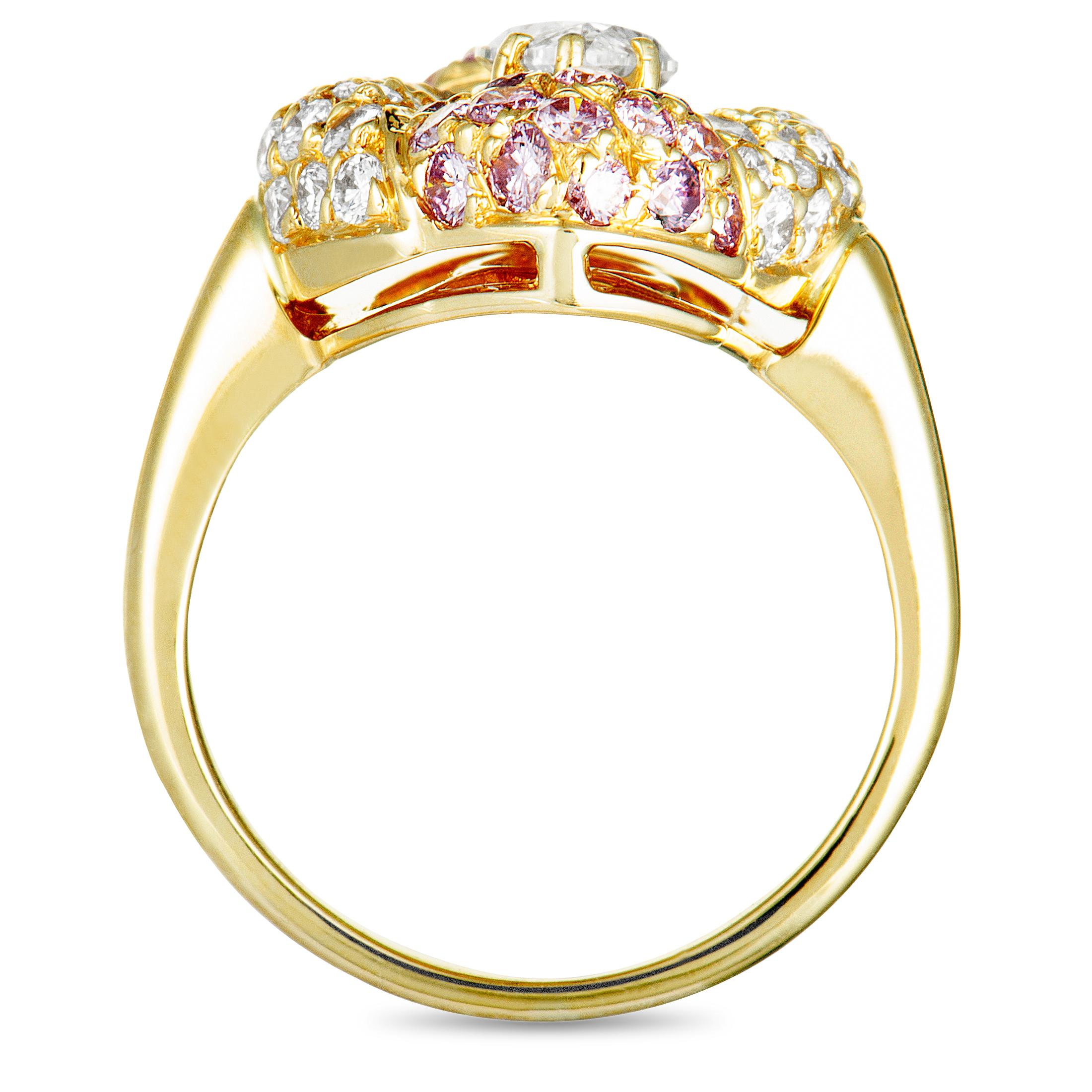 Featuring an exceptionally classy design that is beautifully presented in luxe 18K yellow gold and lavishly topped off with a plethora of resplendent diamonds, this majestic ring from Graff offers an incredibly extravagant appearance. The center