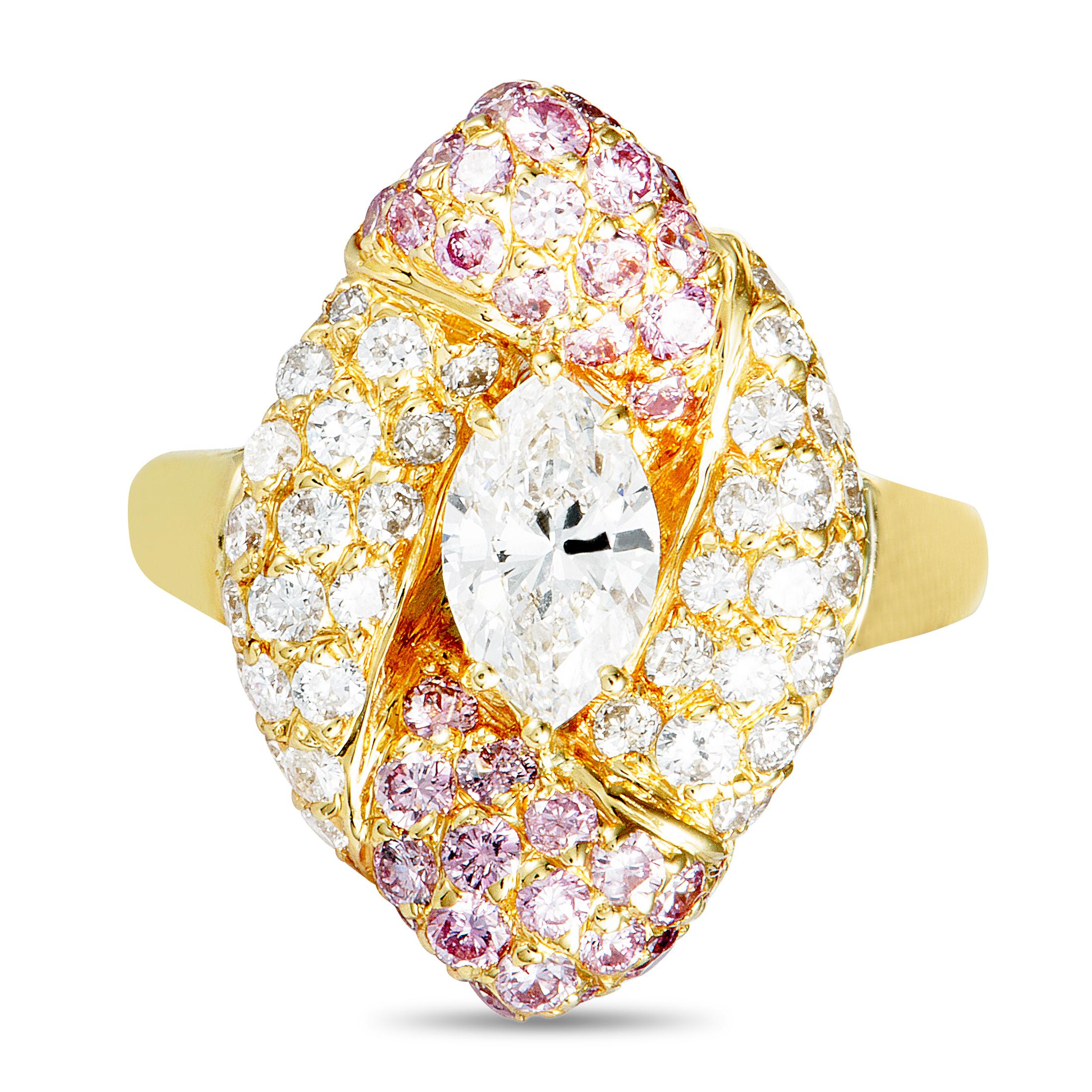 Graff White and Pink Diamond 18K Yellow Gold Ring 5.75 Size 3