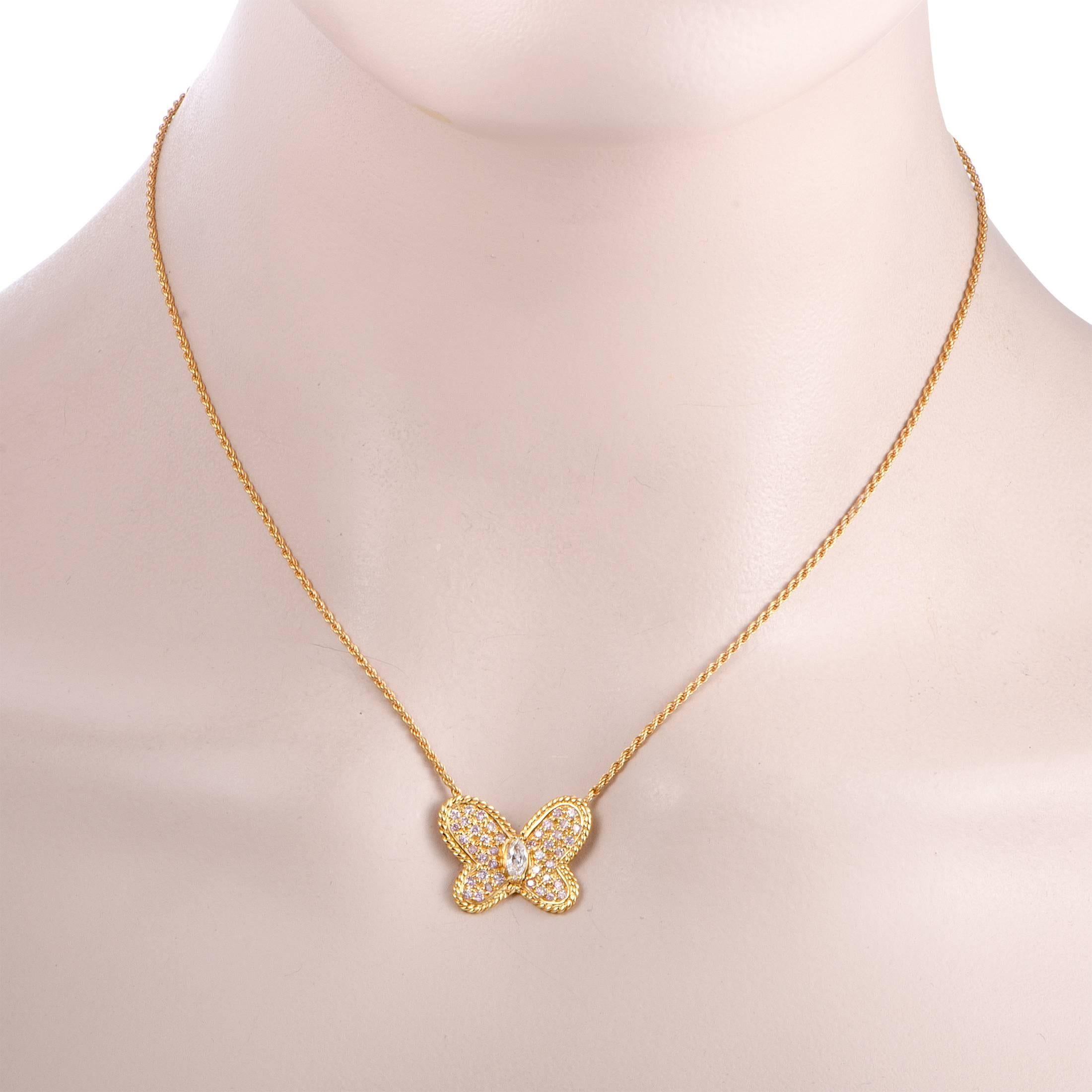 Featuring a delightful butterfly pendant that is beautifully embellished with dazzling diamonds, this lovely 18K yellow gold necklace from Graff offers an enchantingly feminine appearance. The pendant is set with 0.50 carats of pink diamonds, and a
